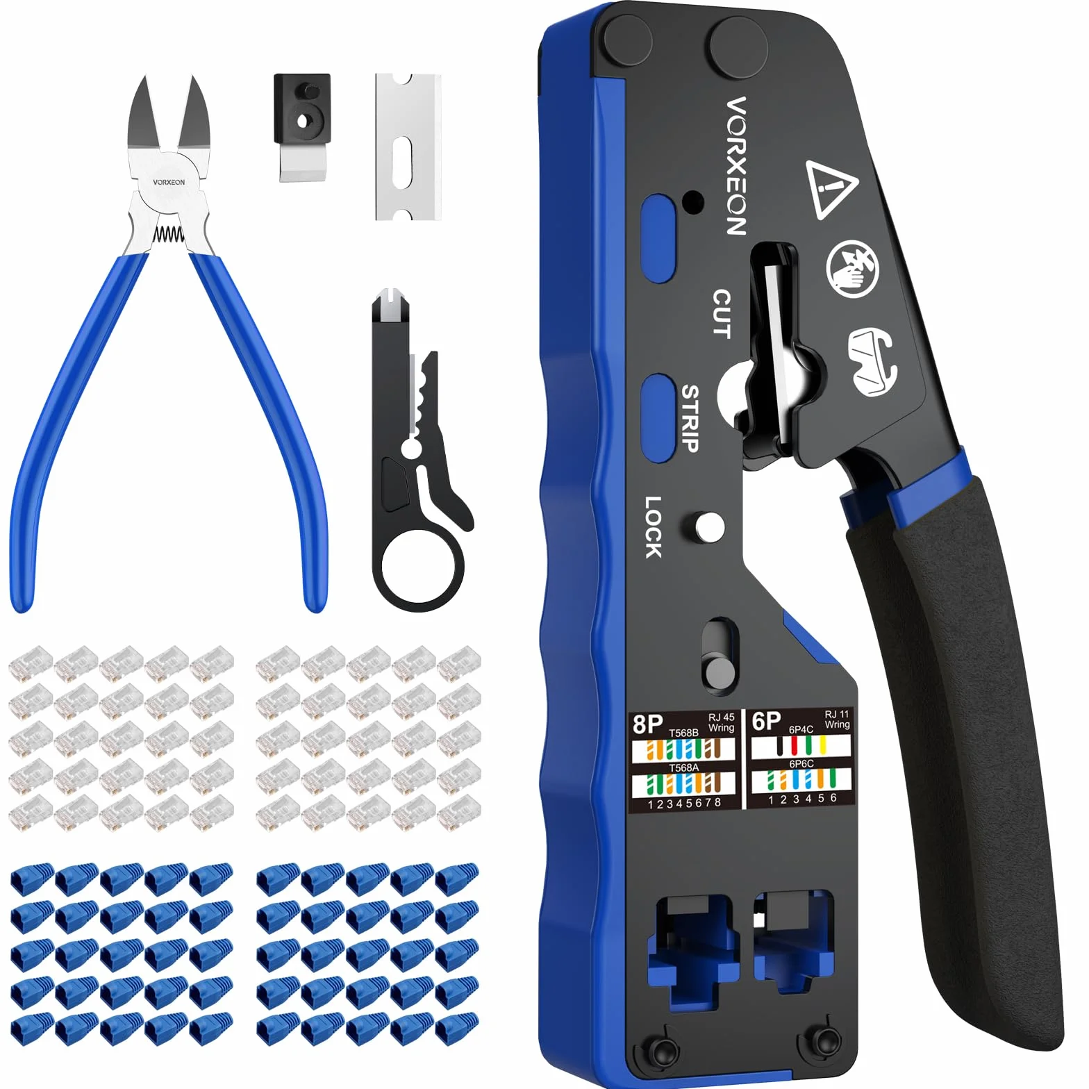 Pinza Crimpatrice RJ45 di Rete Ethernet per Cavo Rete CAT5/CAT5E/CAT6/CAT6A/CAT7, Kit Strumento Crimpatura 8P+6P con 50PCS Connettori RJ45 Cat6, 50PCS Coperture di Protettive, 1PCS Tagliacavi