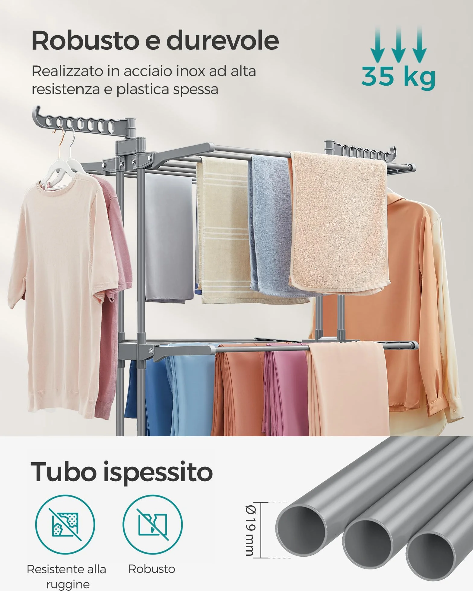 SONGMICS Stendibiancheria, Stendino Pieghevole a 4 Livelli, con Ruote e Ali Richiudibili, 63,5 x 128 x 173 cm, Capiente, Uso Interno ed Esterno, Grigio LLR701G01