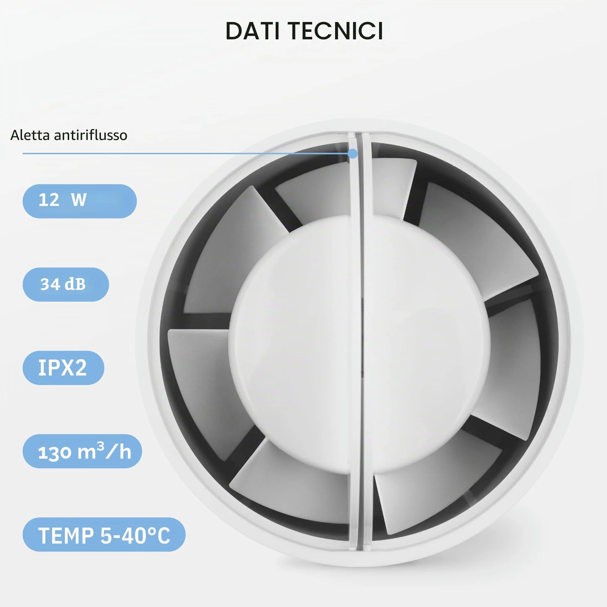 Inline 100 - Estrattore di Ventola per Canali Silenziosi in Linea - 230V - 50Hz - 12W - 130 m³/h - 34 dB