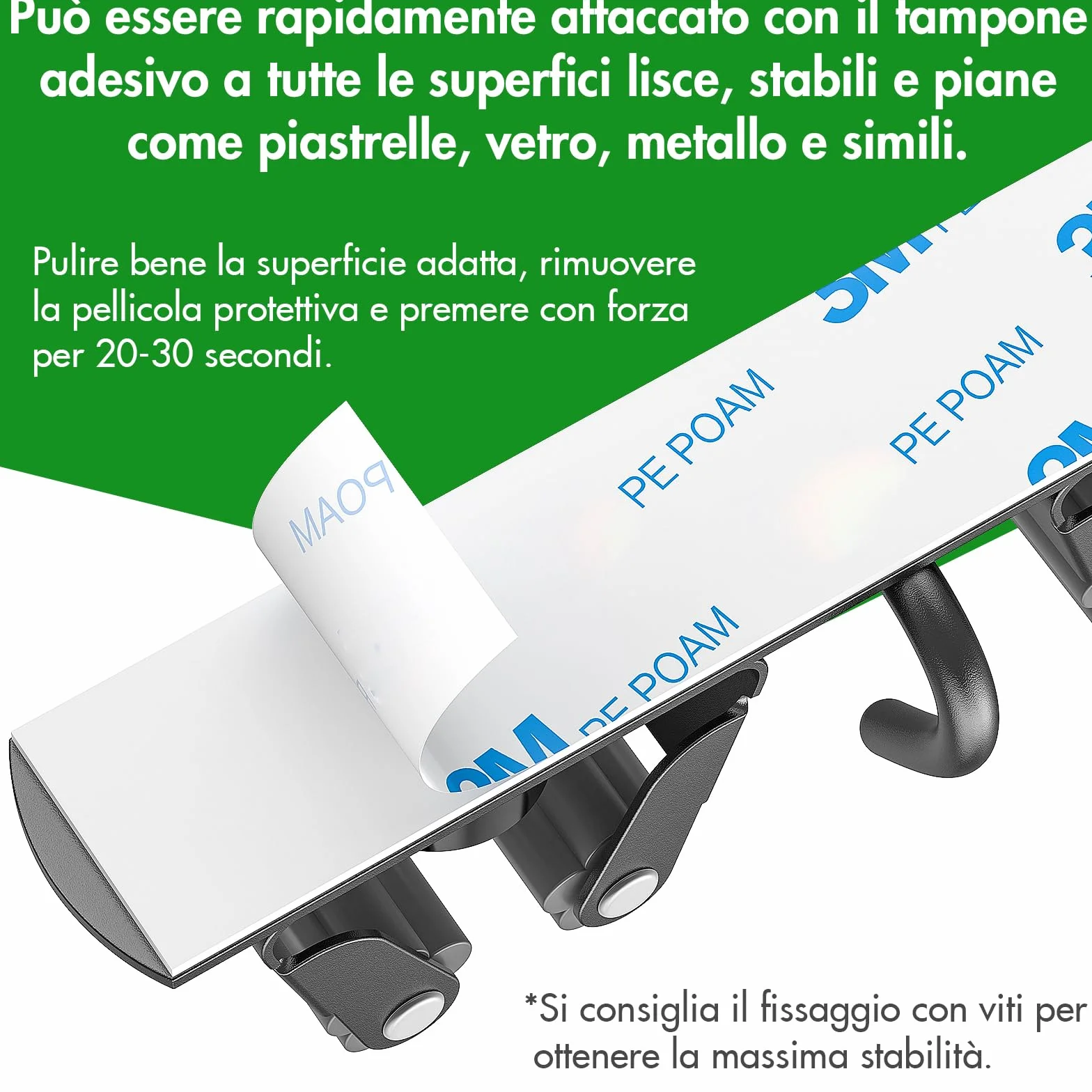 Porta Scope Parete Autoadesivo Acciaio Inox con 4 Supporti e 3 Ganci, Nero