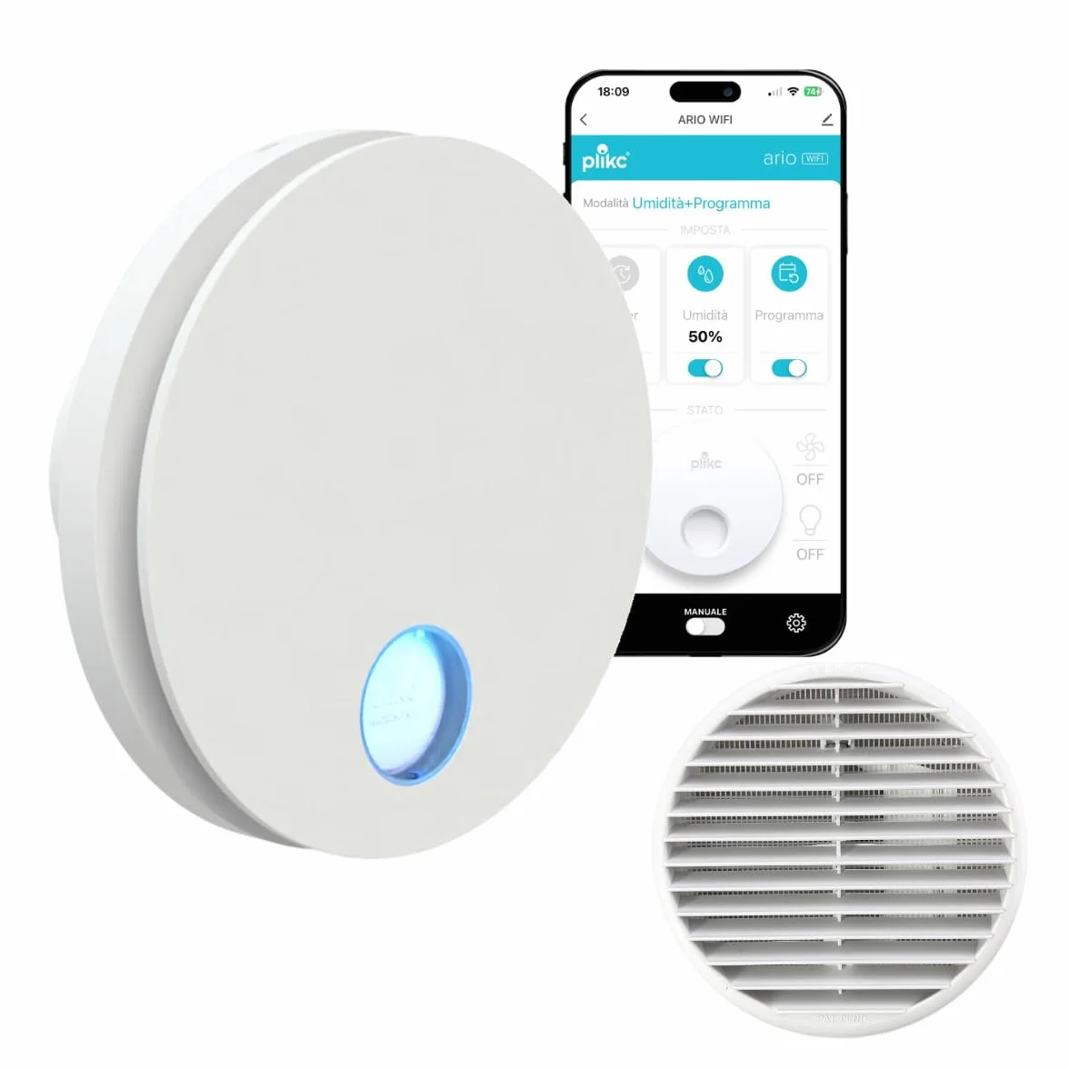 plikc - Aspiratore WIFI da parete ad aspirazione assiale serie Ario W con sensore di Umidità e Timer - 100% MADE IN ITALY + Griglia da muro (Foro Ø 118, Bianco)