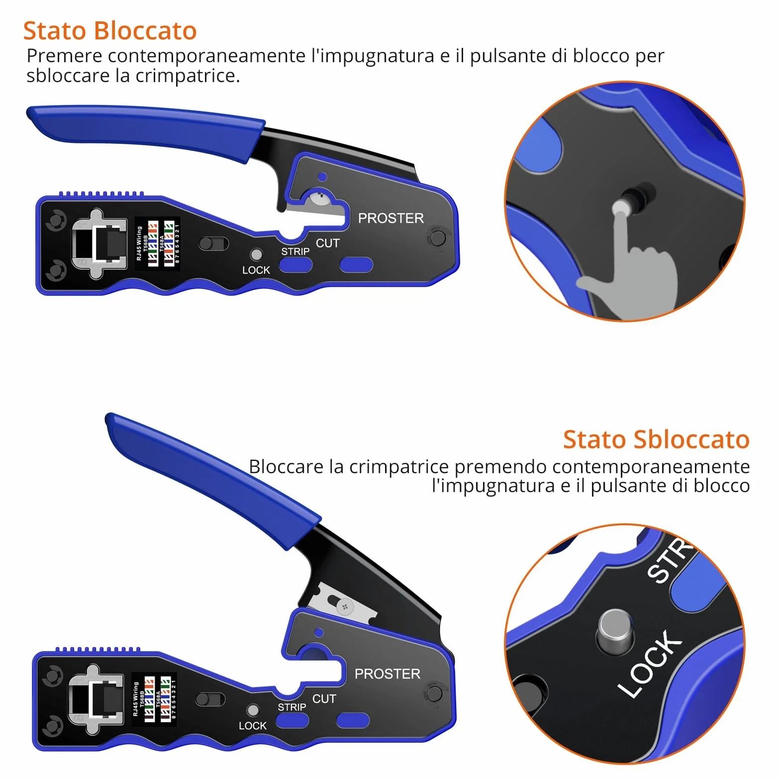 Proster Pinza Crimpatrice RJ45 Professionale Pass Through Multifunzione Spelafili per Cavo Rete per Connettori Strumento Crimpatura per RJ45 CAT5 CAT6/CAT6A RJ45 Kit Crimper Ethernet