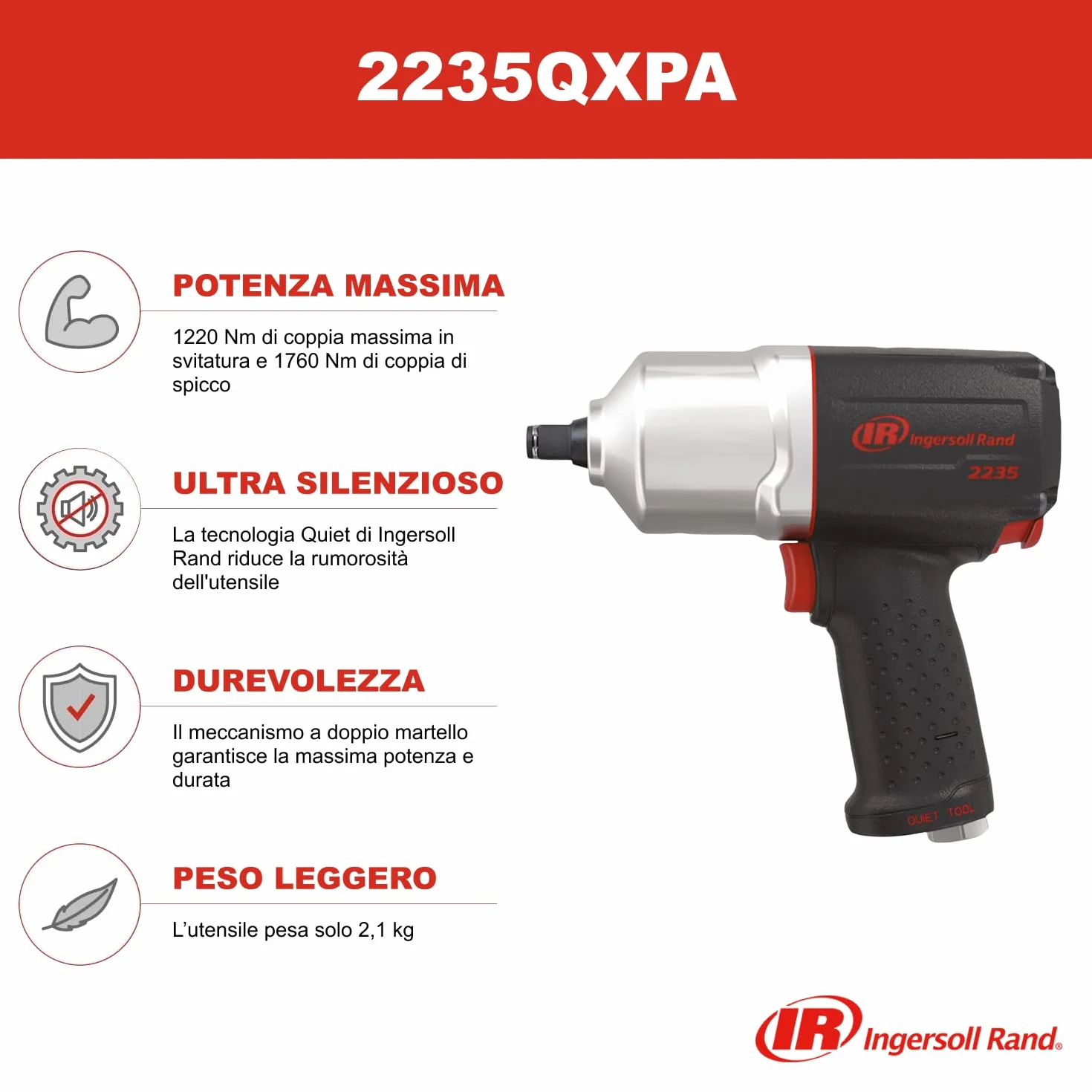 Ingersoll-Rand 2235QXPA Avvitatore ad aria compressa da 1/2”, con coppia di 1220 Nm, potente coppia di trasmissione quadrata, leggero 2,1 kg, 1 pezzo