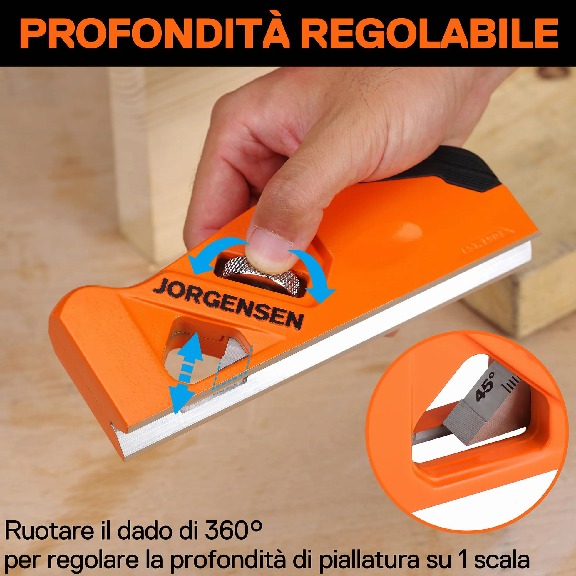 JORGENSEN Pialla a Manuale Mano per Legno Suite 4 Teste di Taglio 45°/3/5/6mm, Piano Angolare per Lavorazione del Legno