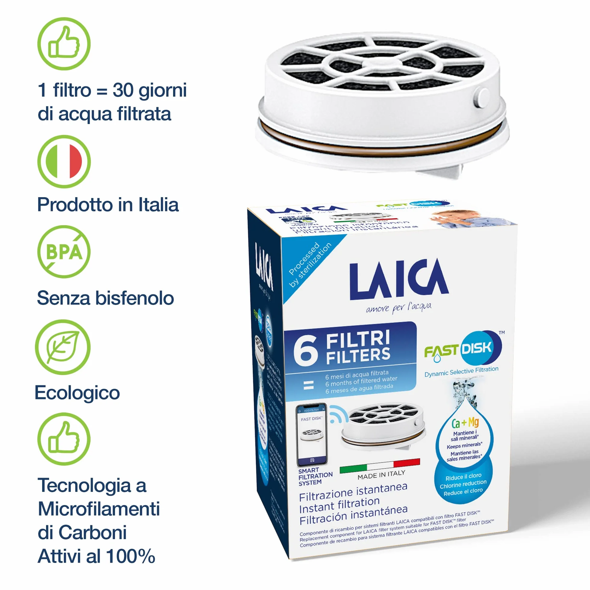 Laica Filtro Fast Disk per Bottiglia e Borraccia Filtrante, Carboni Attivi, Made in Italy, Filtrazione Istantanea, 6 Filtri