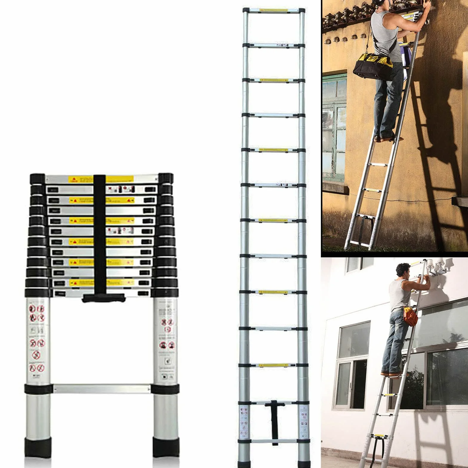Royalswill Scala telescopica da 3,8 m, multiuso, pieghevole, in alluminio, scaletta telescopica pieghevole, estendibile, portatile, leggera, capacità 150 kg, argento