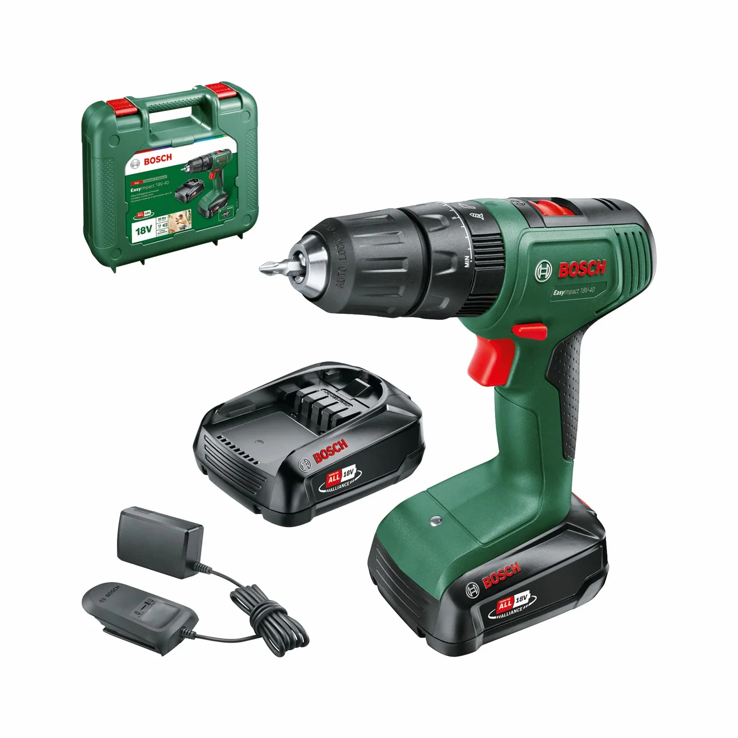 Bosch Home and Garden, Trapano con Percussione a Batteria EasyImpact 18 V-40 (2 Batterie da 2.0 Ah, Sistema 18 Volt, in Custodia per il Trasporto), Easyimpact 18 V-40, Mandrino 13mm
