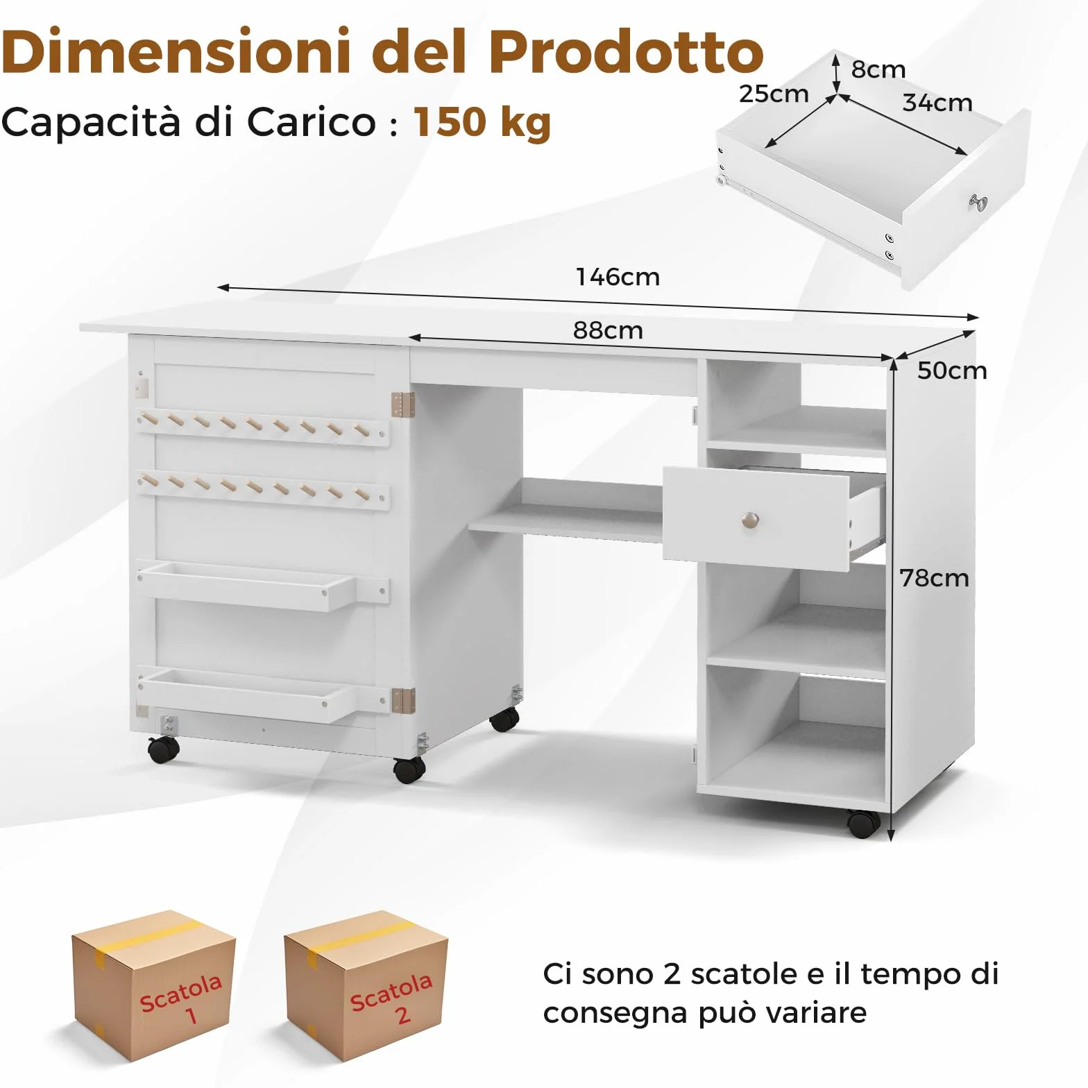 COSTWAY Tavolo per Macchina da Cucire Pieghevole, Tavolo per Cucito con Ripiani per Stoccaggio, Vassoi, Cassetto, Ganci e 6 Ruote Bloccabili, Bianco