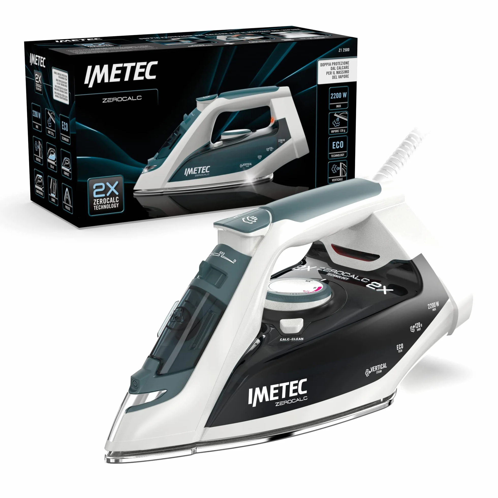 Imetec ZeroCalc Z1 2500 Ferro da Stiro a Vapore 2200 Watt Piastra Acciaio Inox Colpo Vapore 120 g