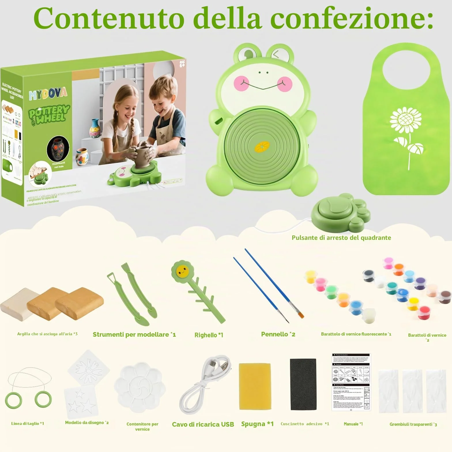 MYDOVA Ruota in ceramica per bambini, kit completo di pittura in ceramica, arte e artigianato per bambini dai 6 ai 12 anni con confezione da 3 argille per asciugare all'aria e strumenti di scultura