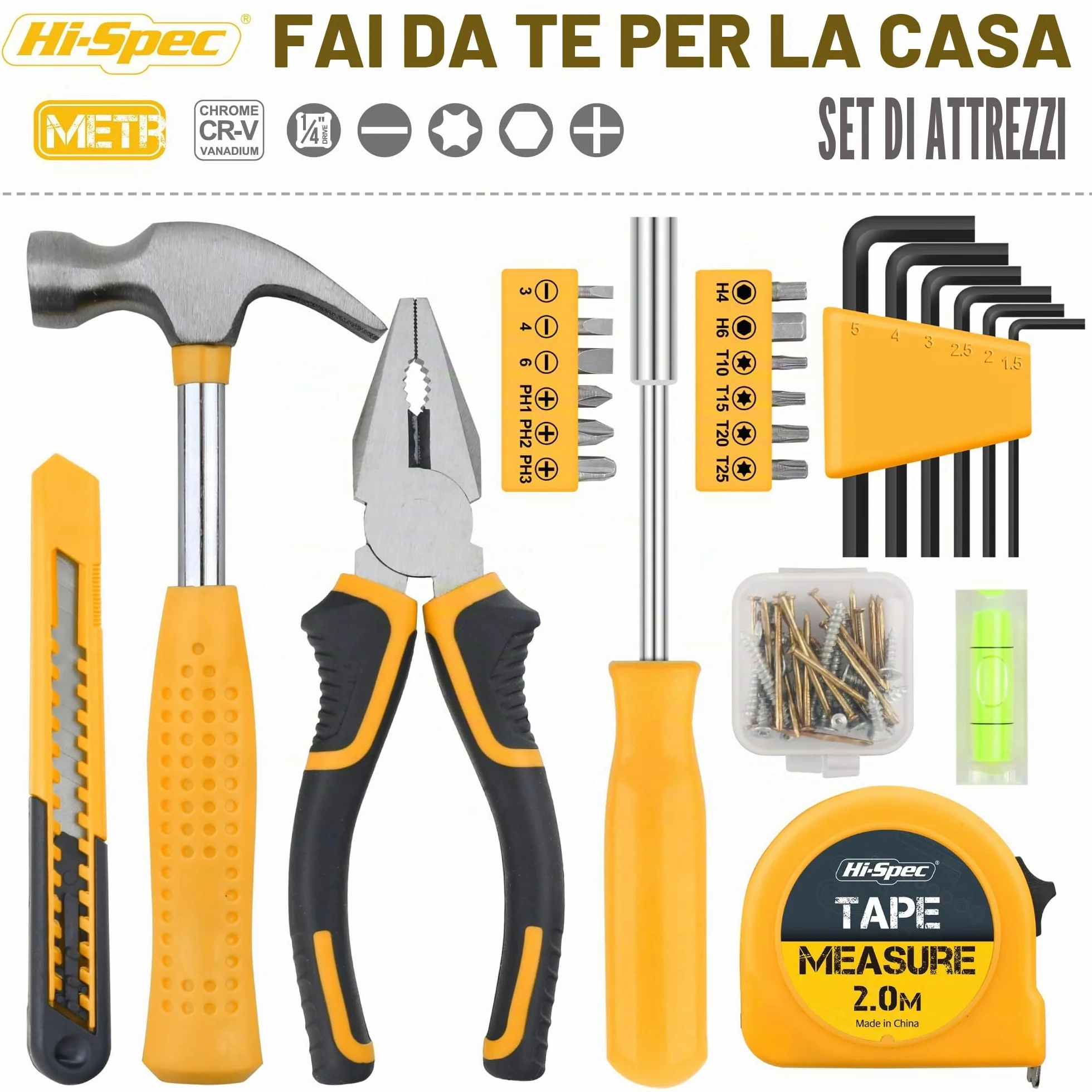 Hi-Spec Set Attrezzi Cassetta Completa Compatta 25 Pezzi Valigetta Portatile Giallo