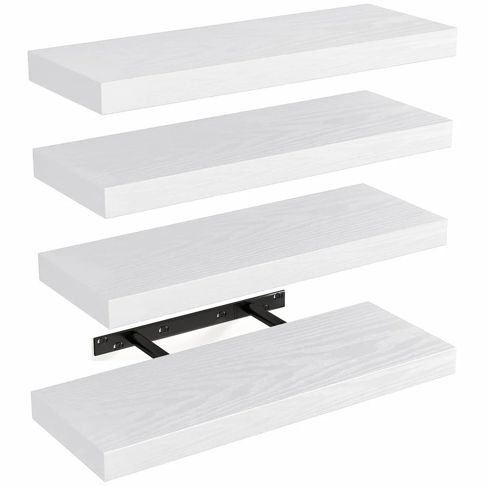 BAKAJI Set 4 Mensole da Parete in Legno Massiccio, Scaffali a Muro Multiuso con Staffe a Scomparsa in Metallo, Scaffalatura per Camera da Letto, Soggiorno, Cucina, Bagno, 40 x 14 x 3 cm (Bianco)