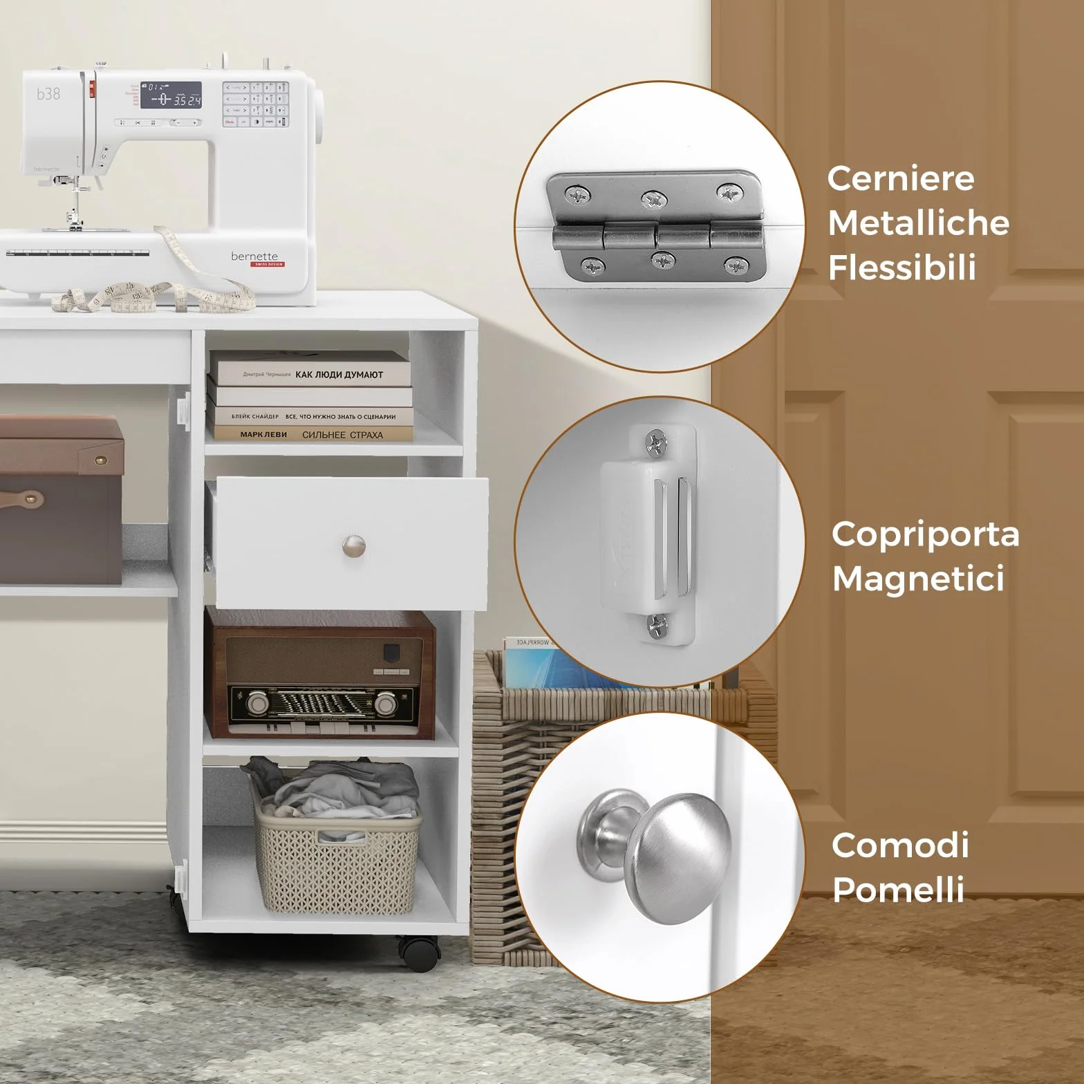 COSTWAY Tavolo per Macchina da Cucire Pieghevole, Tavolo per Cucito con Ripiani per Stoccaggio, Vassoi, Cassetto, Ganci e 6 Ruote Bloccabili, Bianco