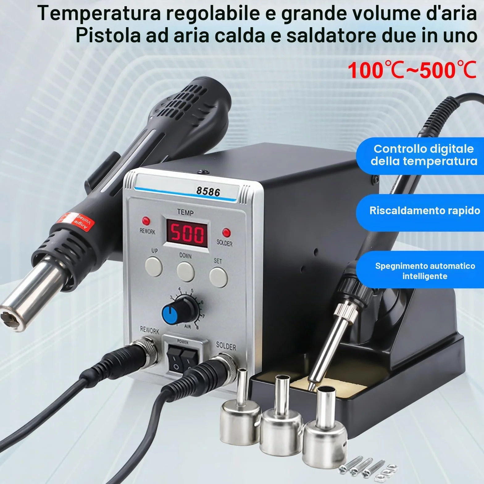 Stazione di saldatura ad aria calda, 700 W, 8586, set di saldatori Rework Station con 3 ugelli dell'aria – 5 mm, 8 mm, 10 mm, indicatore digitale della temperatura regolabile 100 ~ 500 °C