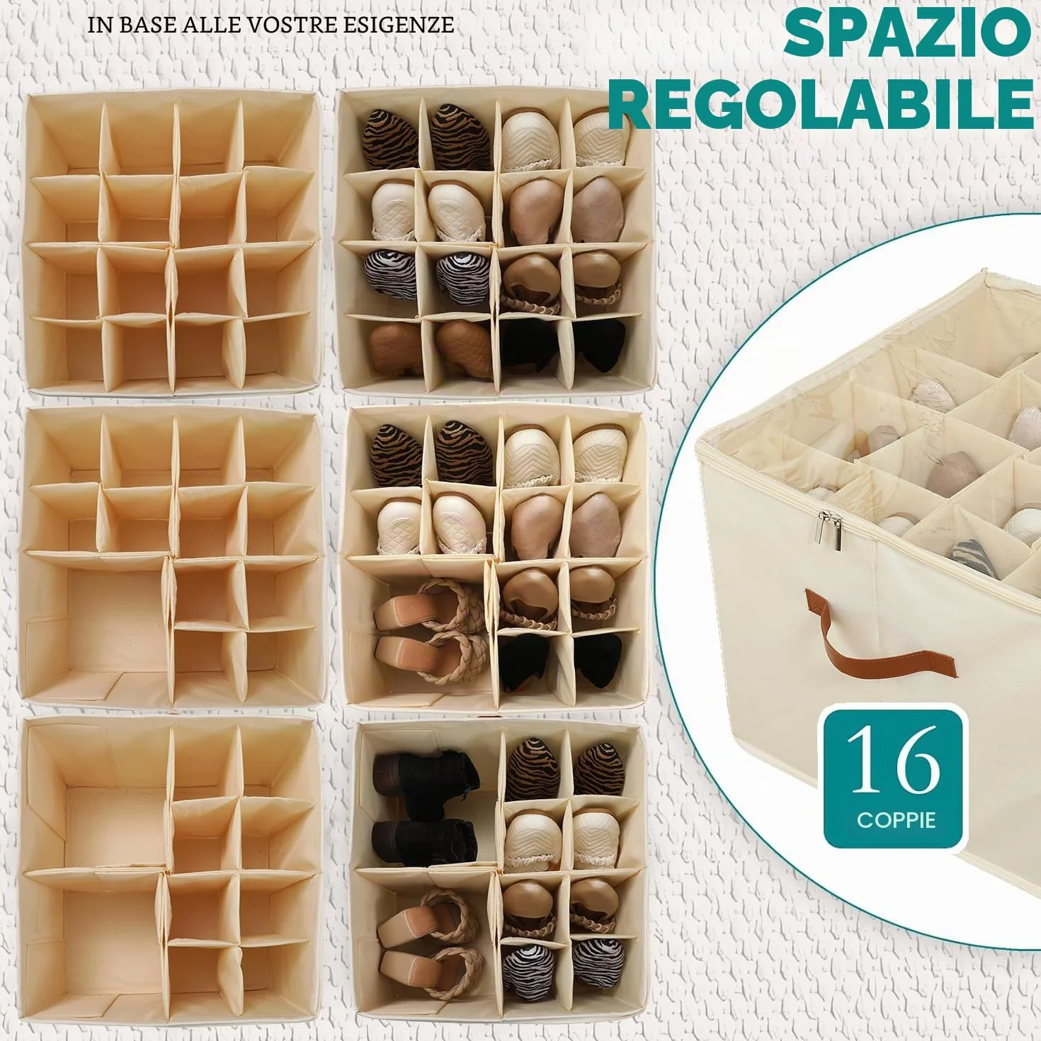 Organizer per Scarpe per 16 Paia, Grande Scatola per Scarpe Contenitore con Scomparti Regolabili, Pieghevole Risparmio Spazio Scatole per Scarpe (Beige)