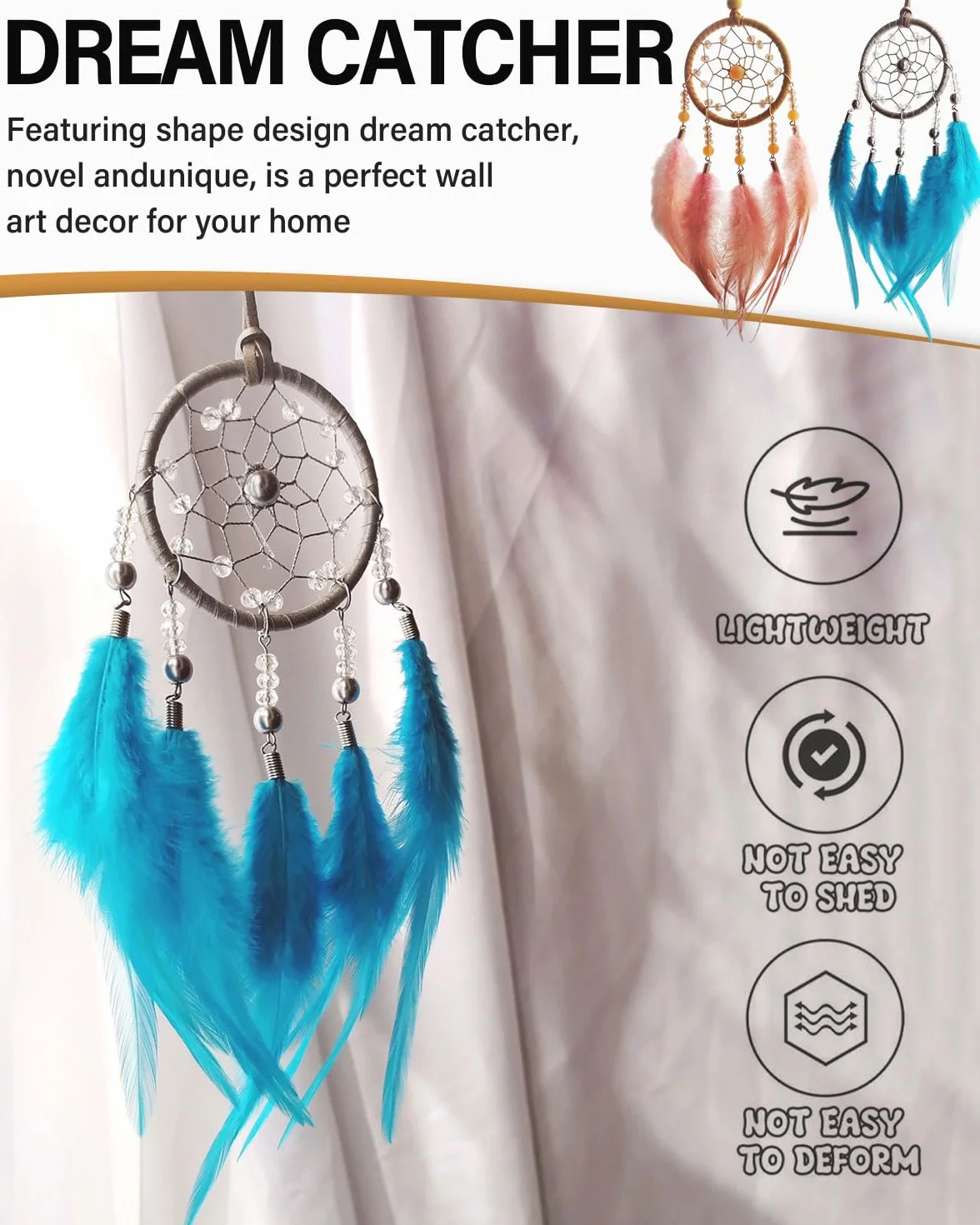 Acchiappasogni di Piume Fatti a Mano, 2 Pezzi, Regalo per Ragazze e Bambini, Decorazione per Camera da Letto e Auto (Blu + Arancione)