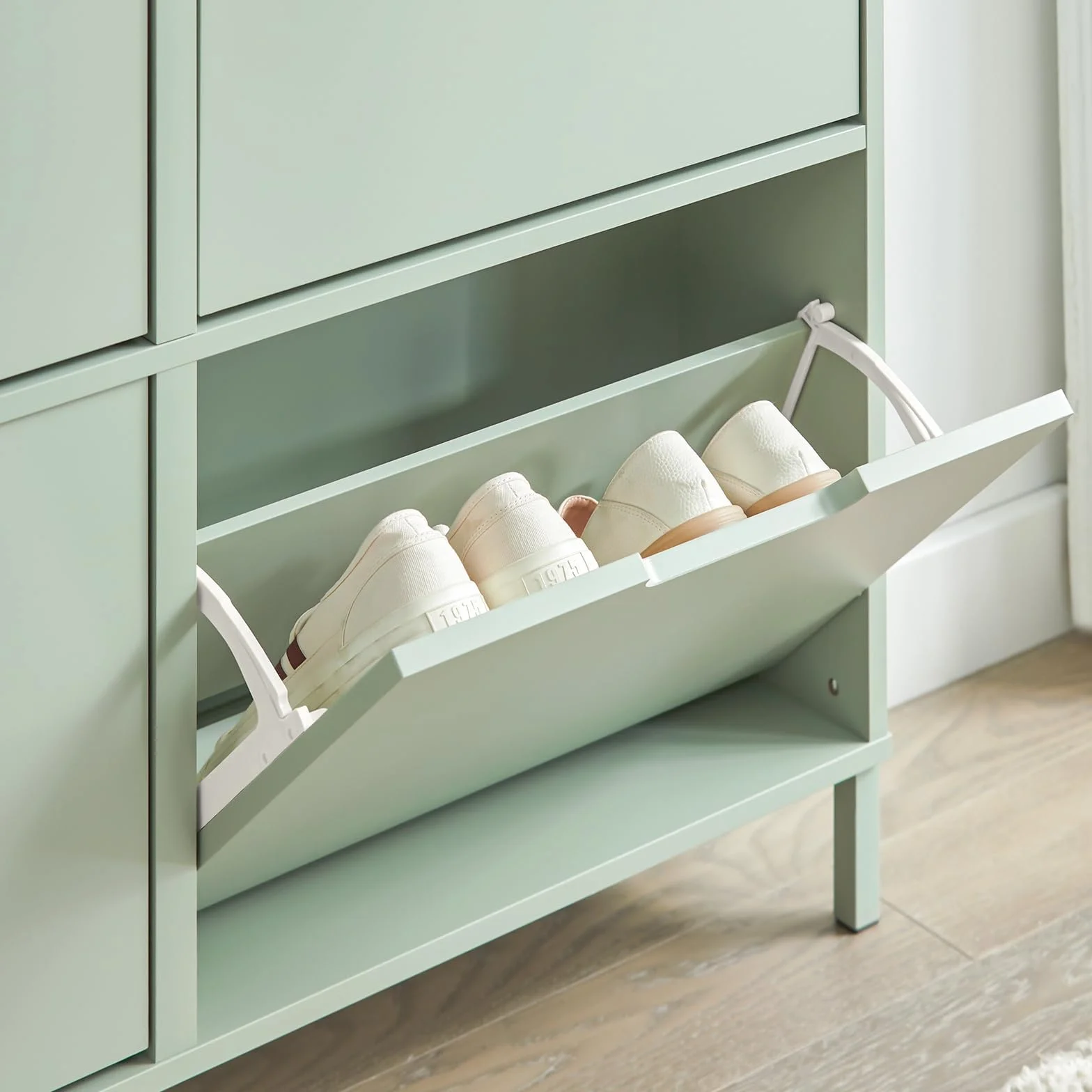 SoBuy Scarpiera Salvaspazio Slim da Ingresso Mobile Portascarpe con 4 Ante a Ribalta Regolabili in Legno Armadio Scarpiera Alta e Stretta per Corridoio, 100x19x91 cm，Verde Chiaro, FSR100-GR