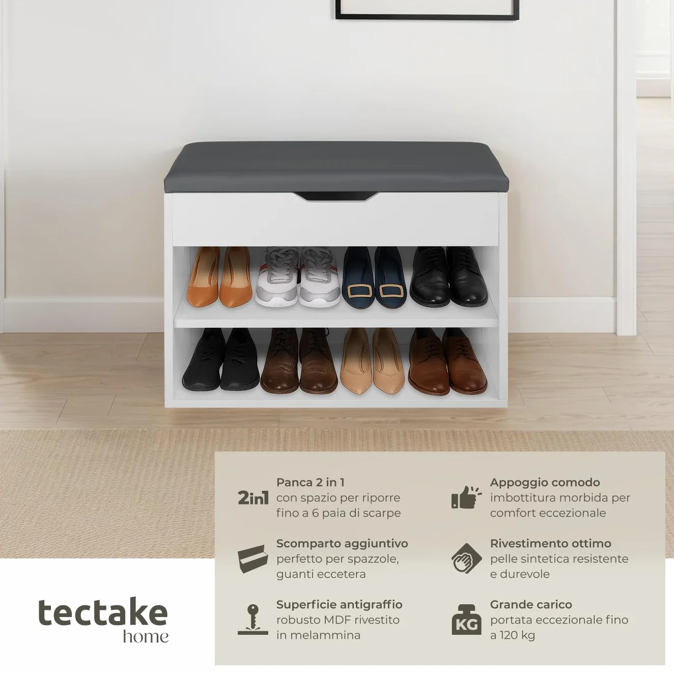 tectake® Scarpiera salvaspazio slim, Comoda Seduta Imbottita, Panca Portascarpe, Scarpiera ingresso con Ripiani Aperti, Facile da Montare, Mobile Porta Scarpe - 60 x 30 x 43,5 cm - Bianco