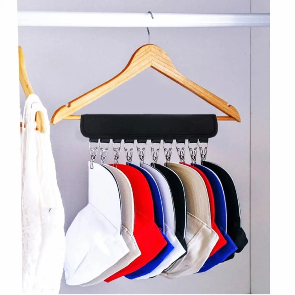 2 organizer per cappelli da baseball, con 10 clip in acciaio inox, per armadio, cappelli, calze, sciarpe, cravatte, per viaggi, hotel, casa, guardaroba (nero)
