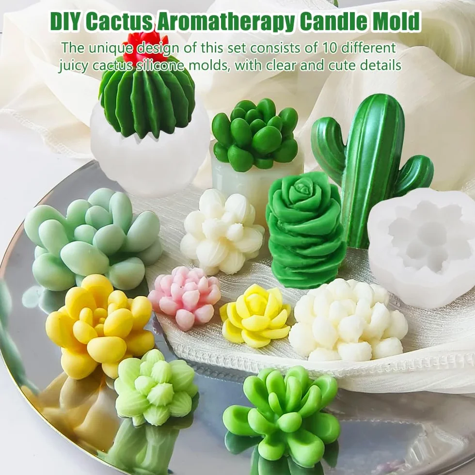 10 Pezzi Stampi in Silicone per Candele, Stampo in Silicone per Cactus Succulenti, 3D Stampo per Candele di Cactus, Stampi per Candele Fai Da Te per Candele Fatte a Mano, Stampi in Resina Epossidica