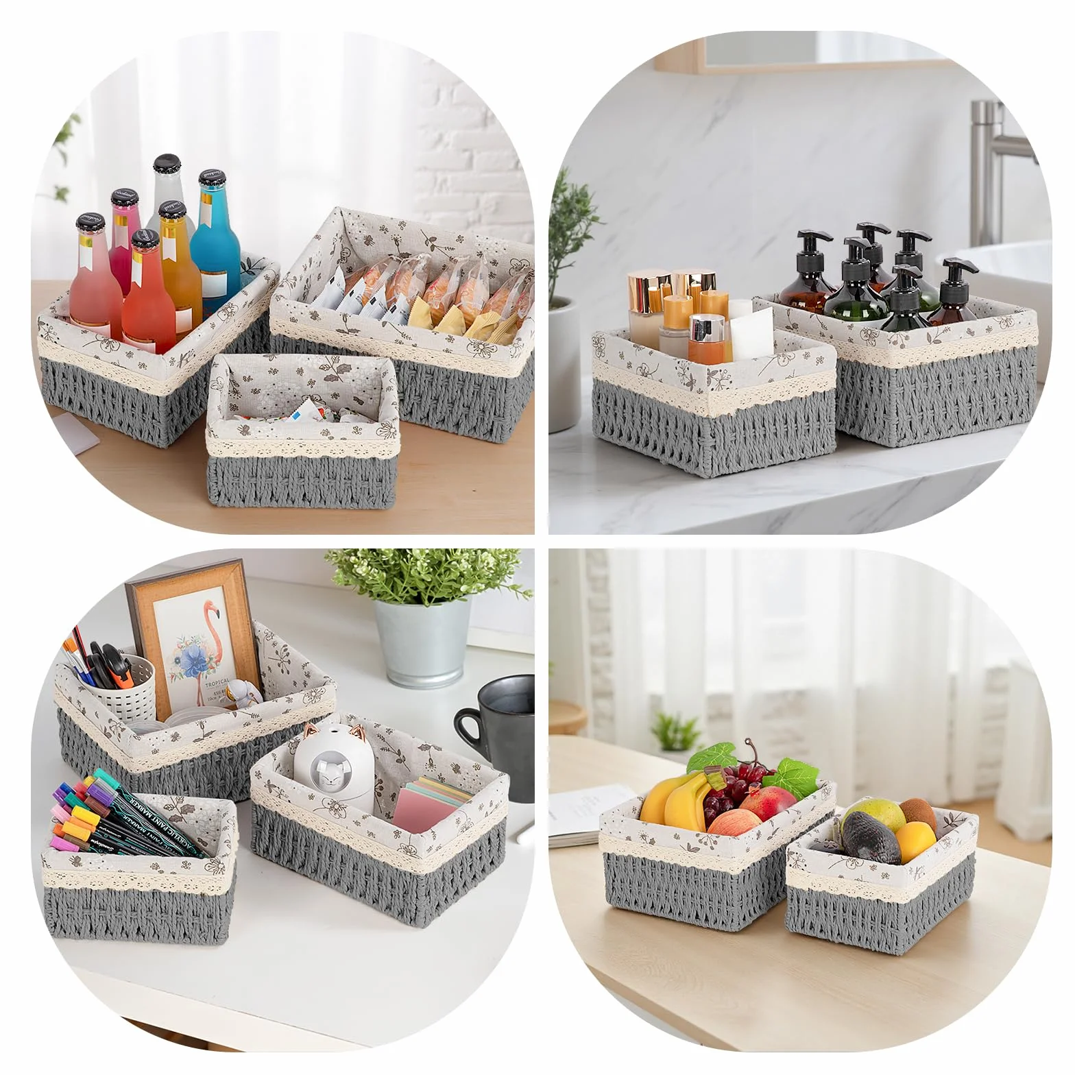 Cestini Portaoggetti, Set di 3 Cestini Portaoggetti Bambini Cesto Cestino porta Giocattoli Cestino da Bagno Cesto Vimini Corda di Carta Cestino Porta per Camerette, Bagno, Cassetti(Grigio)