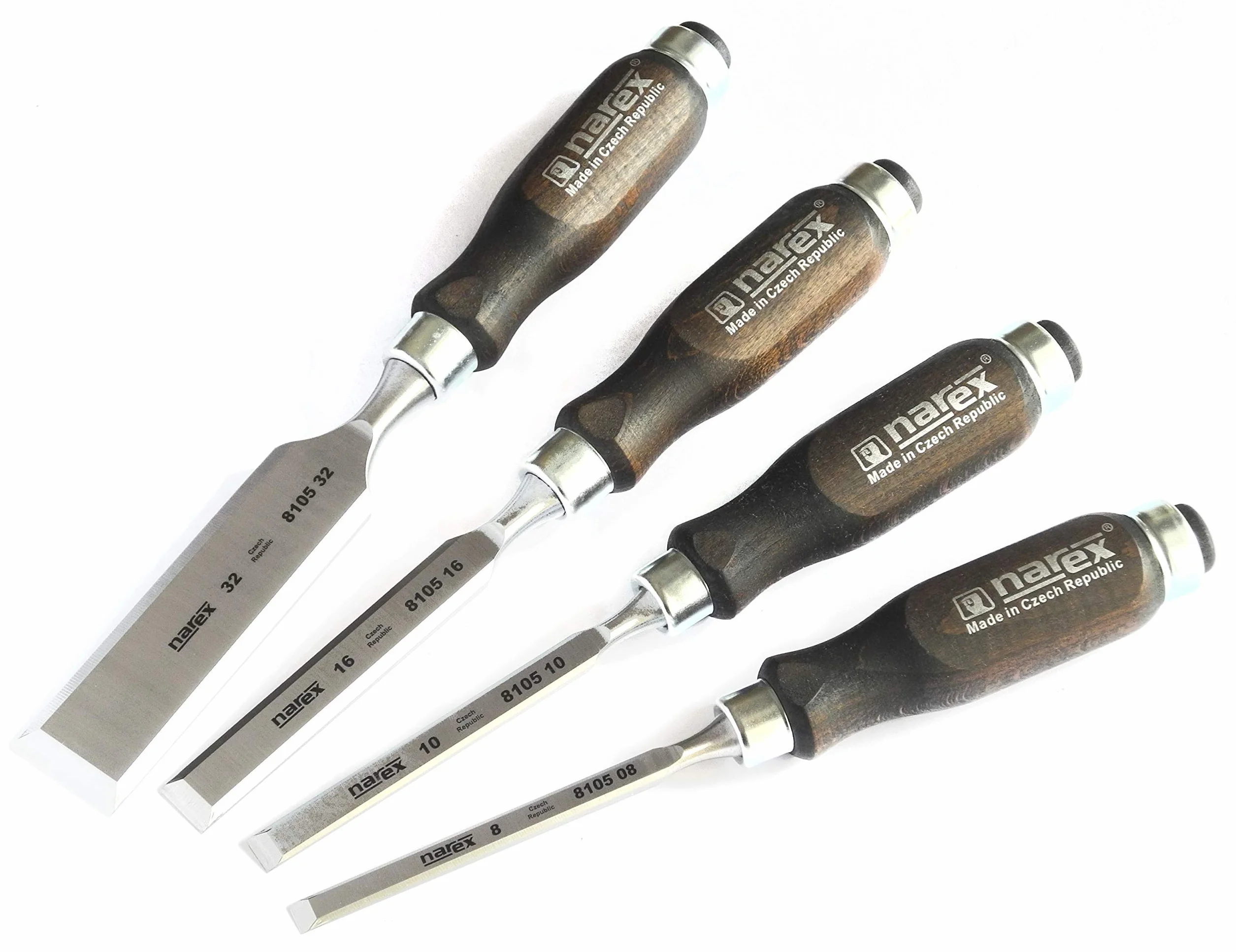 Narex - Set di 4 scalpelli con impugnatura scura (8, 10, 16, 32 mm) in acciaio al cromo manganese con lame forgiate e affilate, manici in legno verniciato e cerato