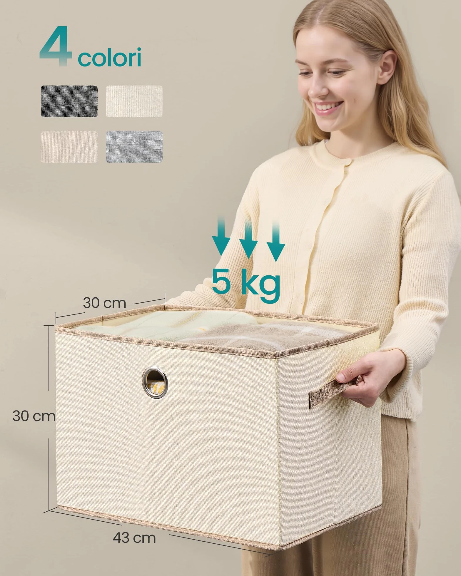 SONGMICS Scatole Portaoggetti con Coperchio, Set di 3 Contenitori in Tessuto, Pieghevoli e Impilabili, 43 x 30 x 30 cm, Beige Cappuccino