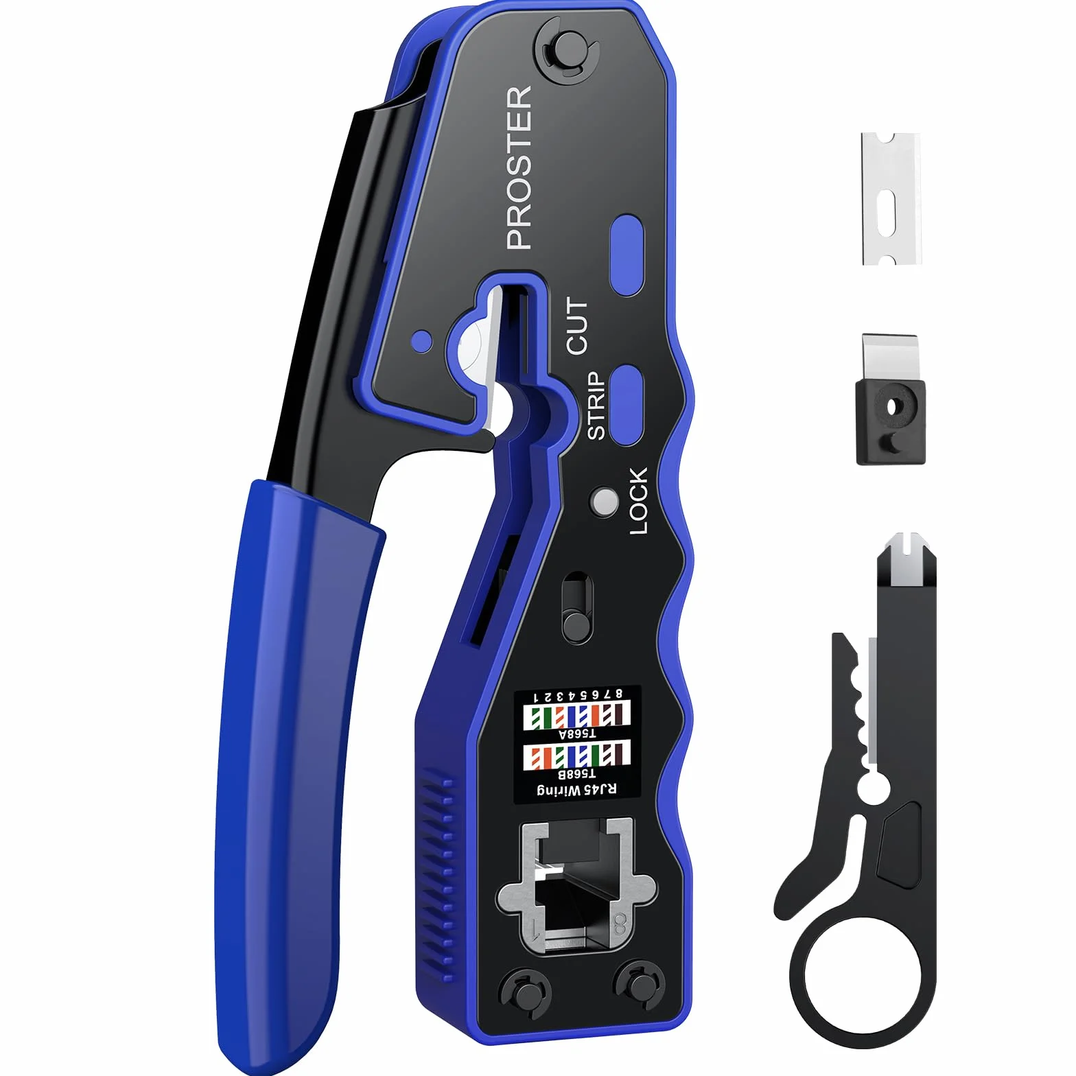 Proster Pinza Crimpatrice RJ45 Professionale Pass Through Multifunzione Spelafili per Cavo Rete per Connettori Strumento Crimpatura per RJ45 CAT5 CAT6/CAT6A RJ45 Kit Crimper Ethernet