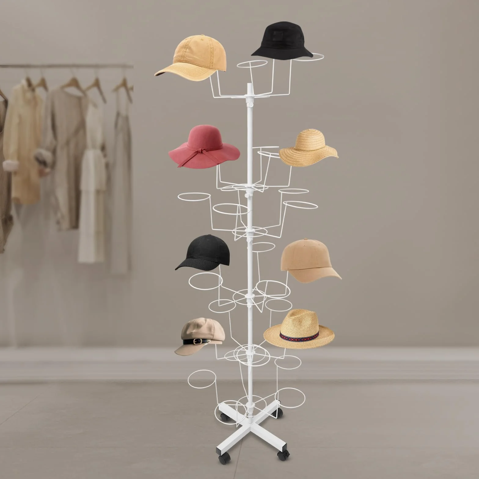Supporto per cappelli a 6 livelli con ruote, 30 supporti per parrucche, porta cappelli, porta cappelli, in metallo, per cappelli, parrucche, bianco