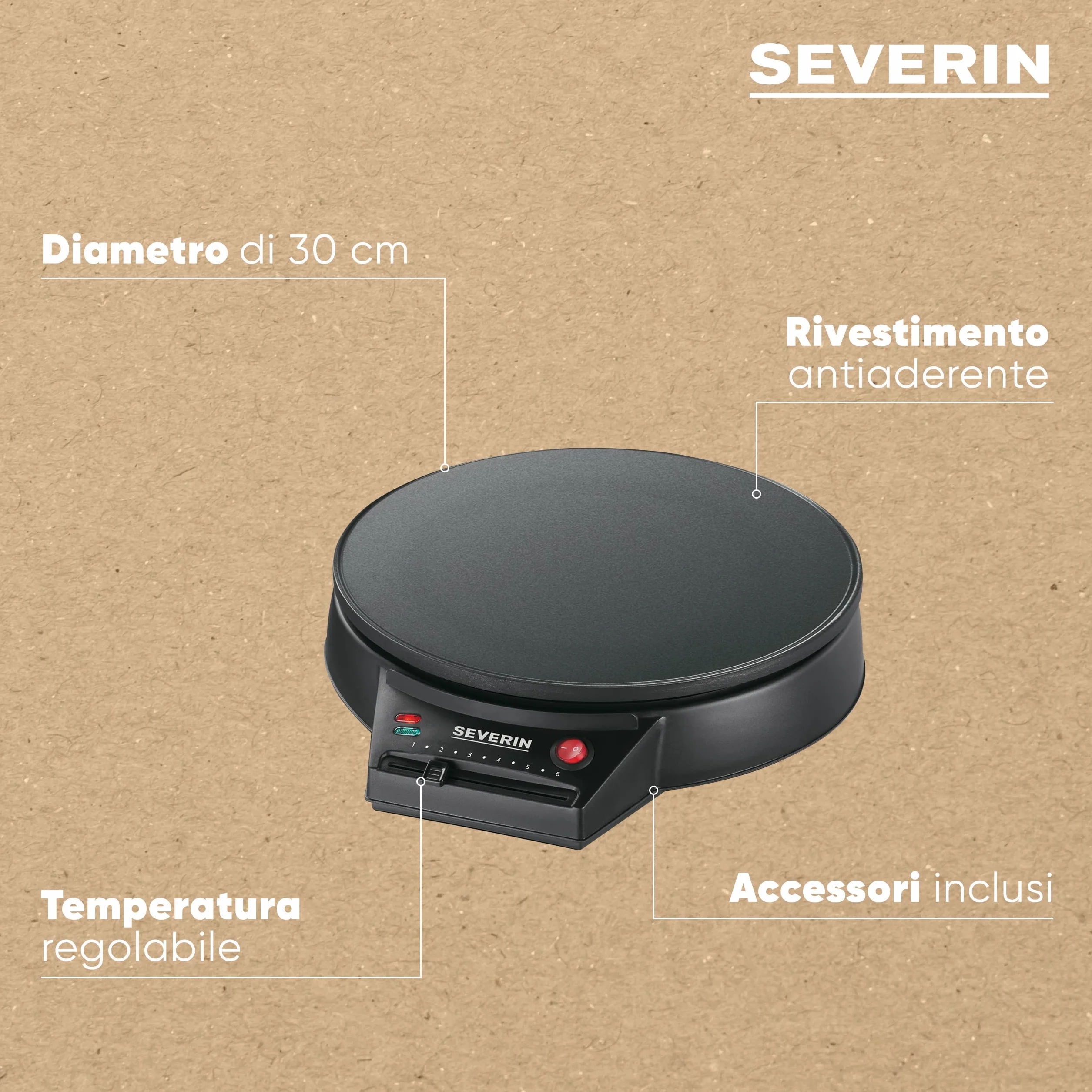 SEVERIN Crepiera Elettrica, 30 cm, 1000W, Piastra Antiaderente, Temperatura Regolabile, Spatola e Giracrepes in Legno Inclusi, Spia Luminosa, 30,5 x 34,5 x 8,0 cm, Nero - CM 2198