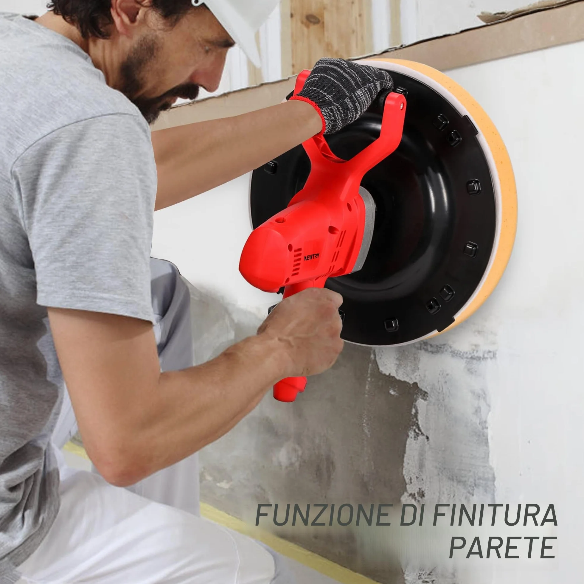 NEWTRY Frattazzatrice elettrica per malta da muratore, Cazzuola lisciante per intonaco portatile per rifiniture murali, con dischi di ricambio in carta vetrata spugnosa 220V CE