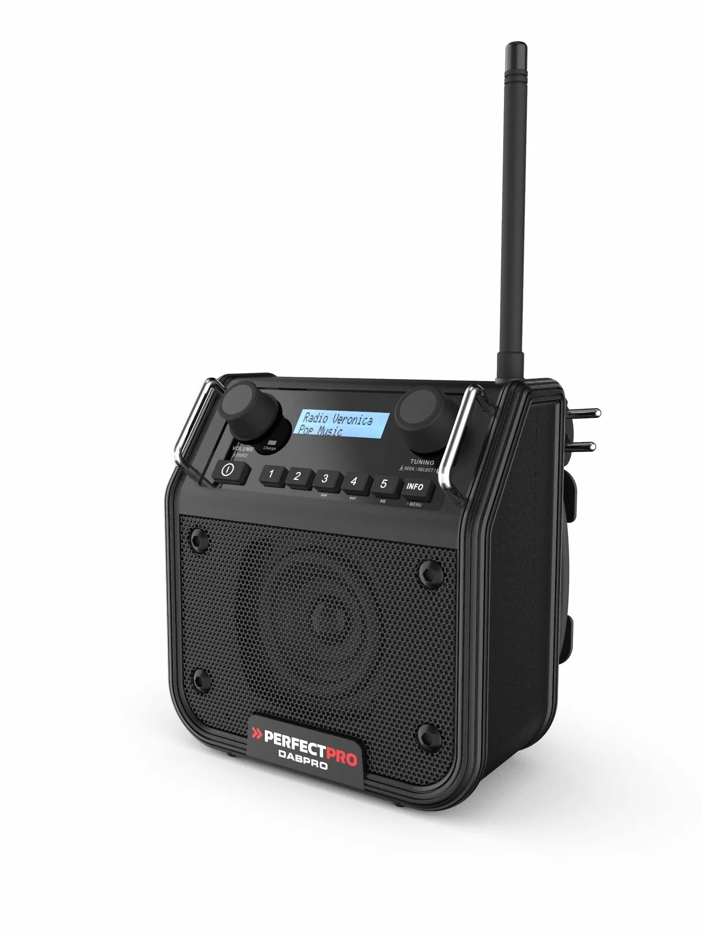 PerfectPro Radio da cantiere DABPRO, DAB+ e ricezione FM, ingresso AUX, MP3, Bluetooth, corrente di rete e ricaricabile, resistente agli urti, IP54, DPR2