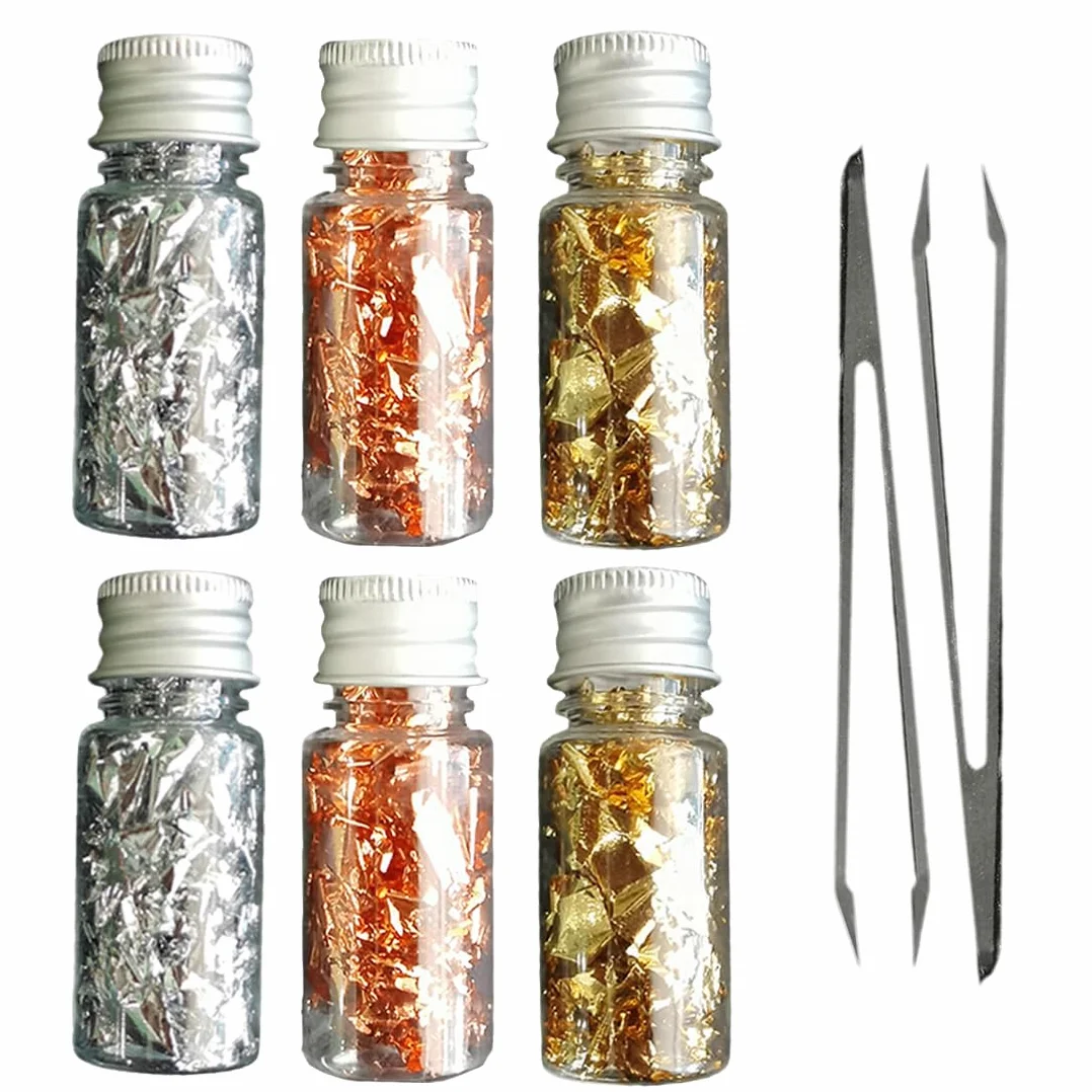 6 Pezzi Bottiglie Alimentare Con 2 Pinzette, Foglia Oro Per 'uso Perfetta Dolci Vino Gelati Uso in Cucina Fai Da Te, Decorazioni Torta(3colores), Oro, L