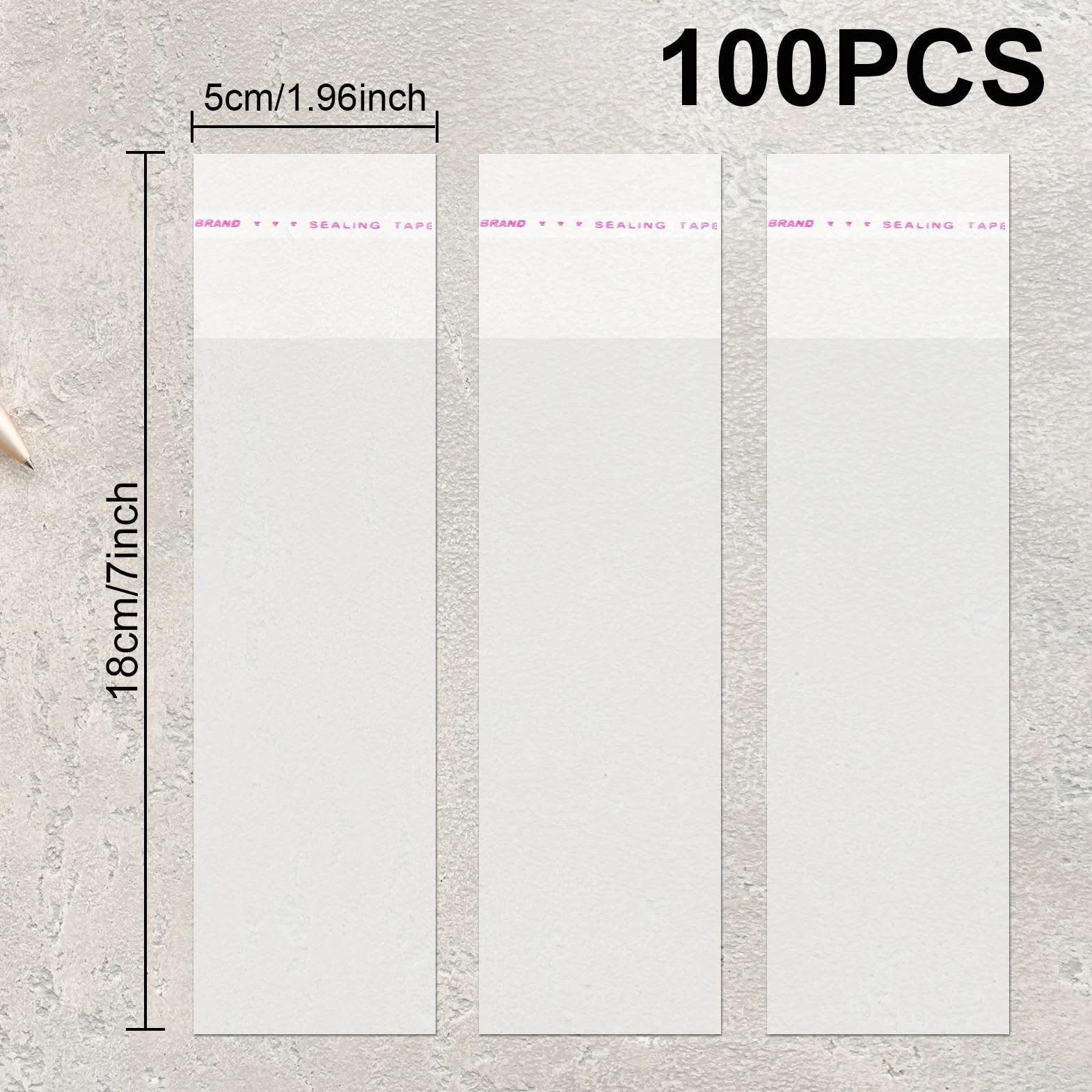 100 pezzi, 5 x 18 cm, sacchetto di cellophane autoadesivo, chiusura autoadesiva, sacchetto di plastica trasparente, sacchetto di cellophane per collana, penna, pennello per labbra, cucchiaino da caffè