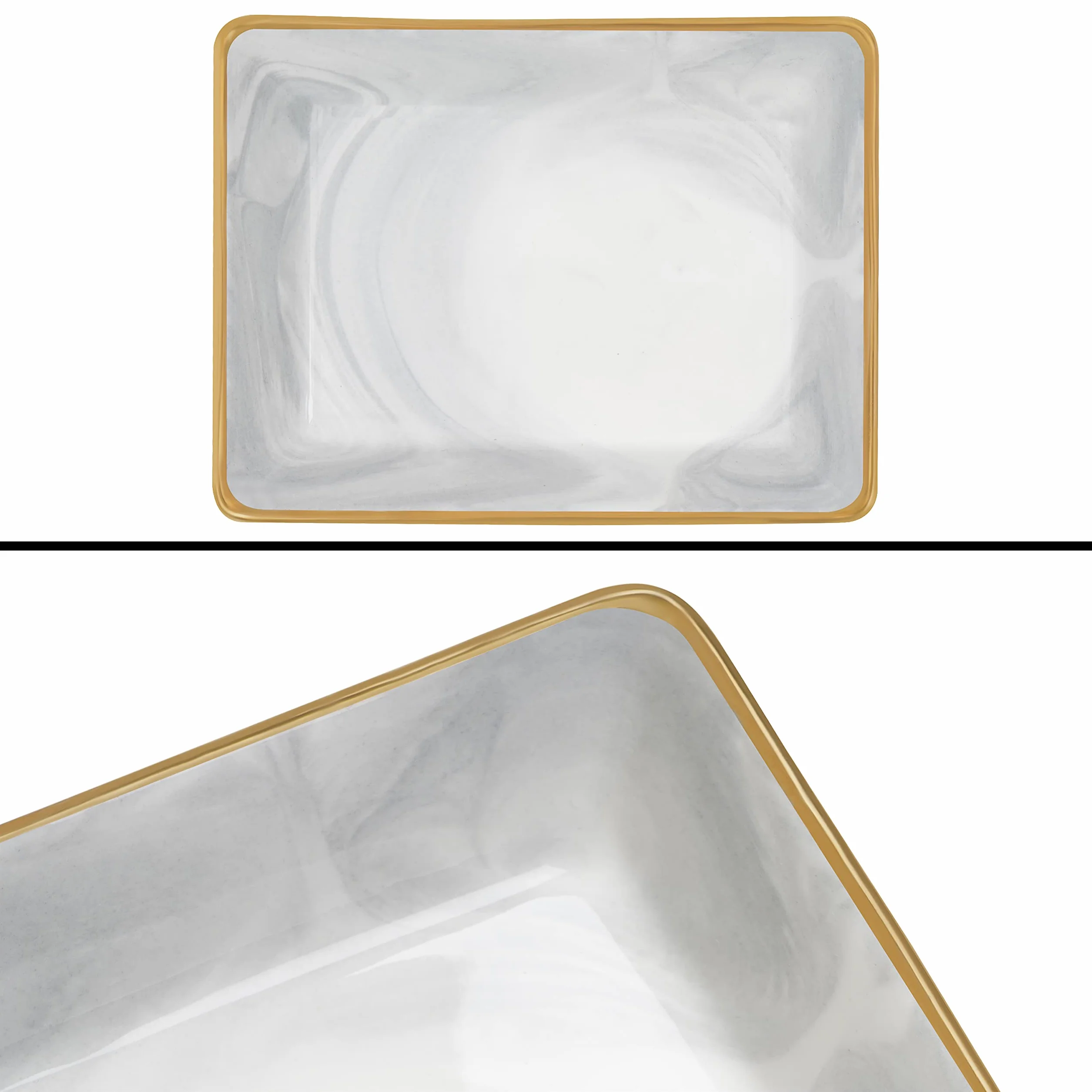 BELLE VOUS Vassoio Porta Gioielli Design Marmo Grigio 10,8 x 14 x 2,5 cm Ceramica Rettangolare Bordi Dorati