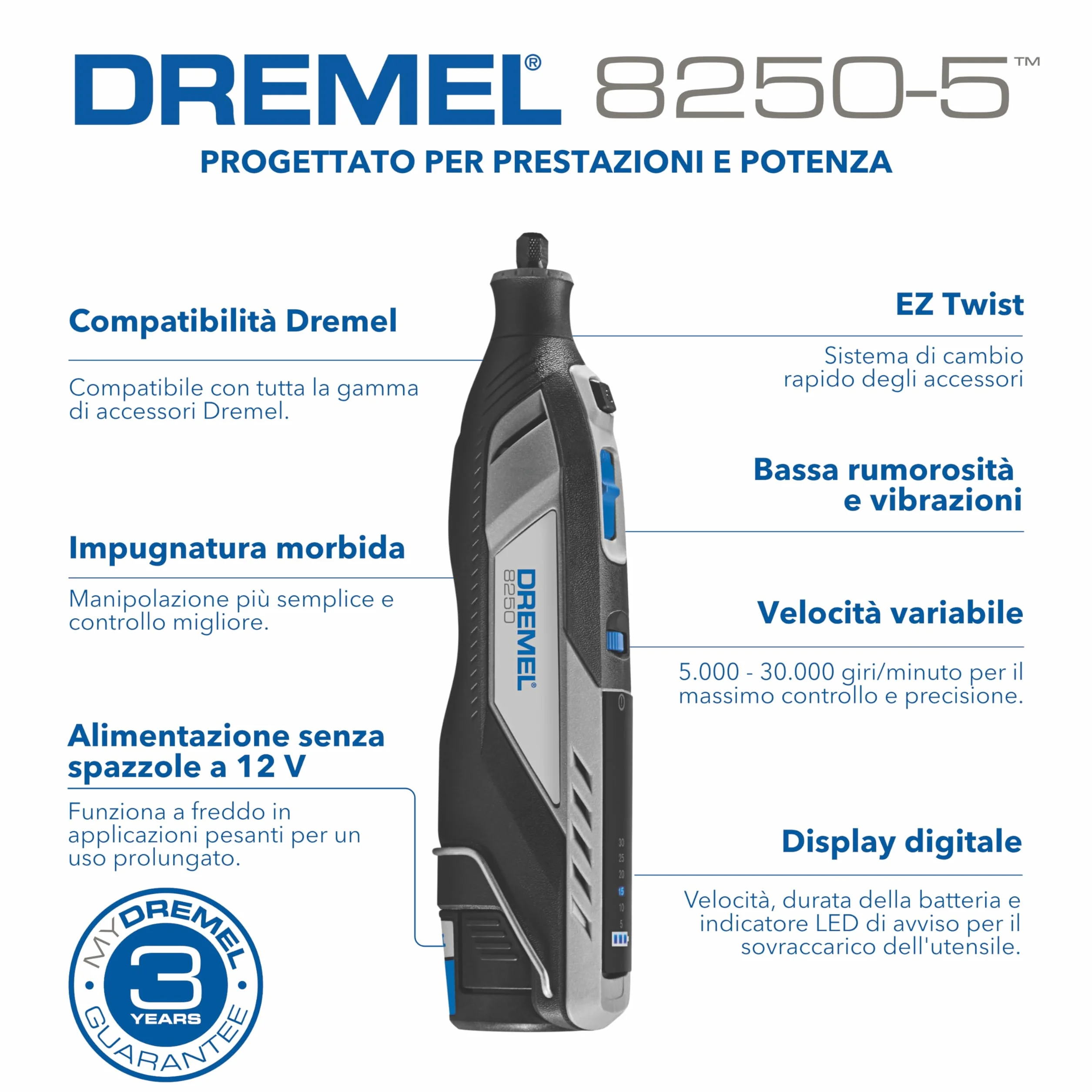 Dremel 8250 Multifunzione Rotativo Senza Fili 12V Brushless 5.000-30.000 giri/min con 65 Accessori e 2 Batterie