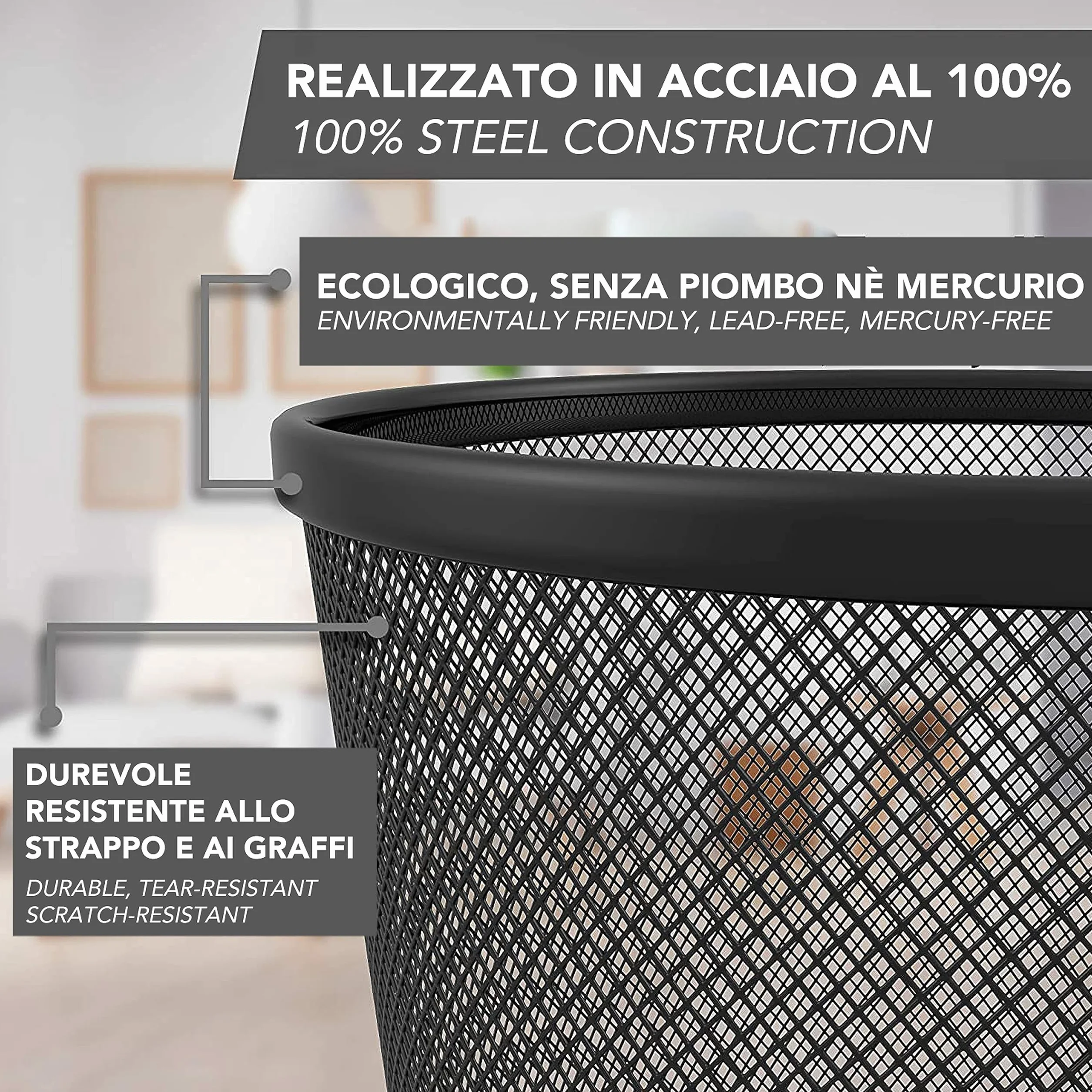 IPEA Cestino per la Carta in Rete Metallica Nero - 26 X 23 cm - Cestino Getta Carta Riciclaggio per Ufficio, Casa, Camera, Scuola - In Metallo - Cesto Spazzatura per Scrivania, Tavolo, Mobile