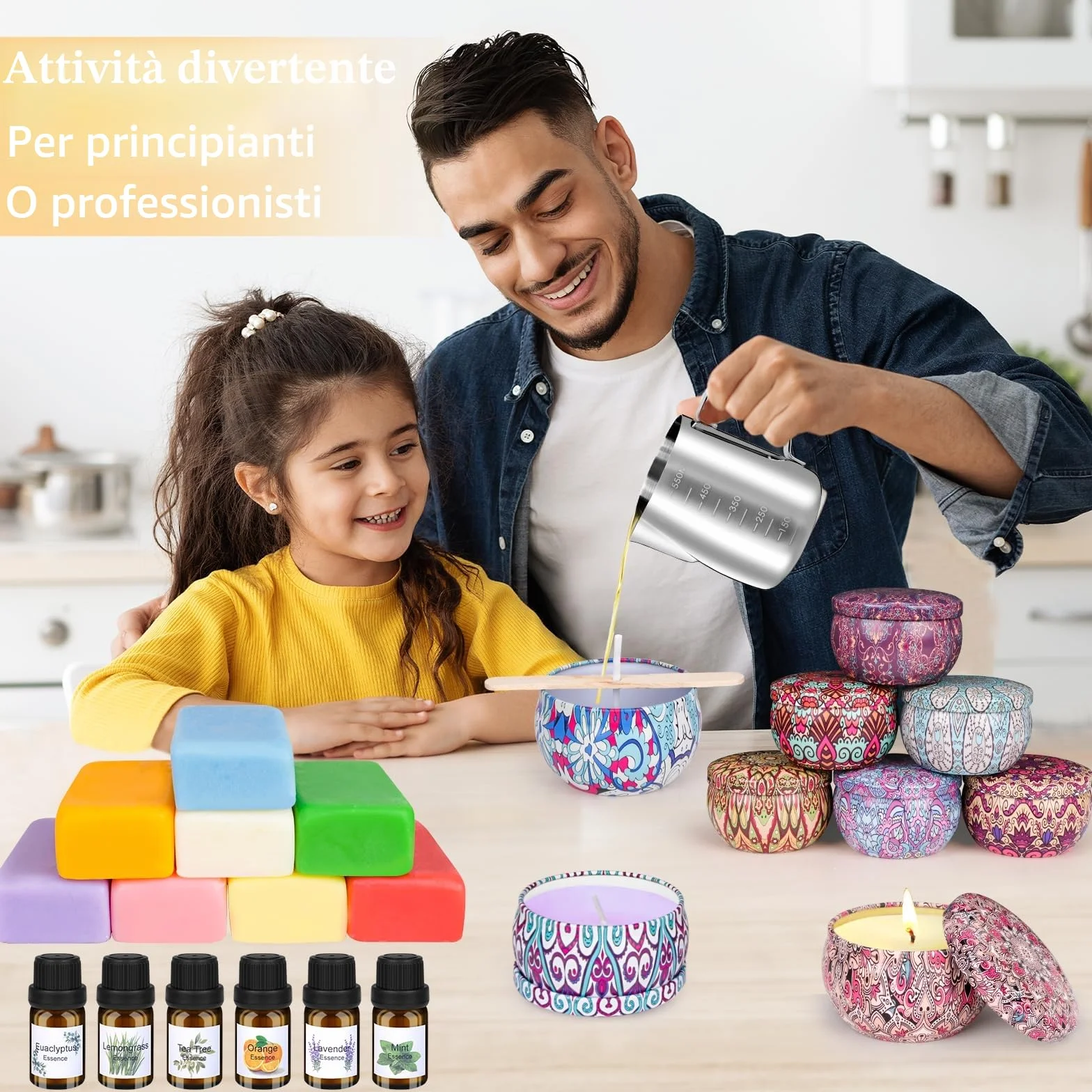 LDUMODUW Kit Candele Fai da Te, Kit per Candele Fai da Te di Candele Profumate, Set Candele Fai da Te Con 480g di Cera per Candele, 6 Oli Essenziali, Stoppini e 550 ml per Adulti Principianti