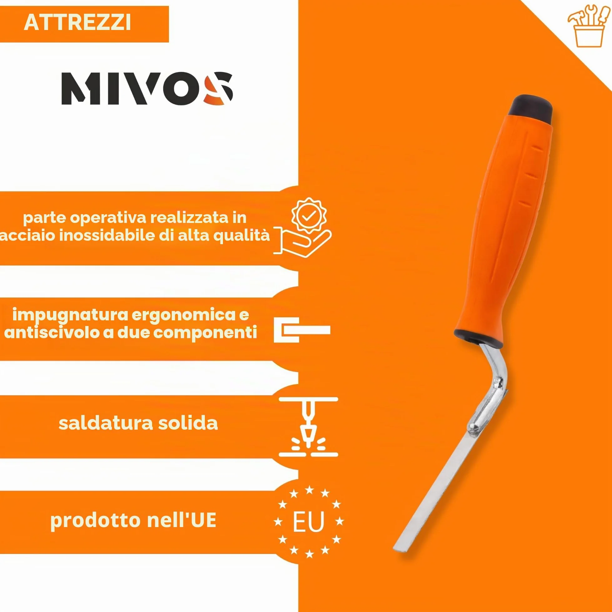 Mivos Cazzuola per Fughe e Mattoni, 8 mm/Cazzuola per Stuccatura con Lama Flessibile in Acciaio Inox/Spatola per Fughe con Impugnatura Antiscivolo/Prodotto in UE
