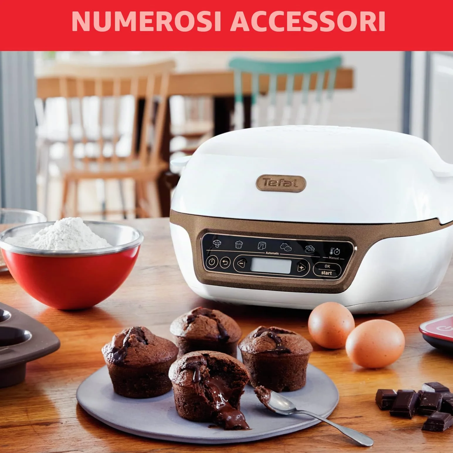 Tefal Macchina per torte, 5 programmi automatici per la regolazione, 1 modalità manuale, 3 stampi flessibili, 1 grande stampo in acciaio rivestito, compatibile con stampi Crispybake, Cake Factory+