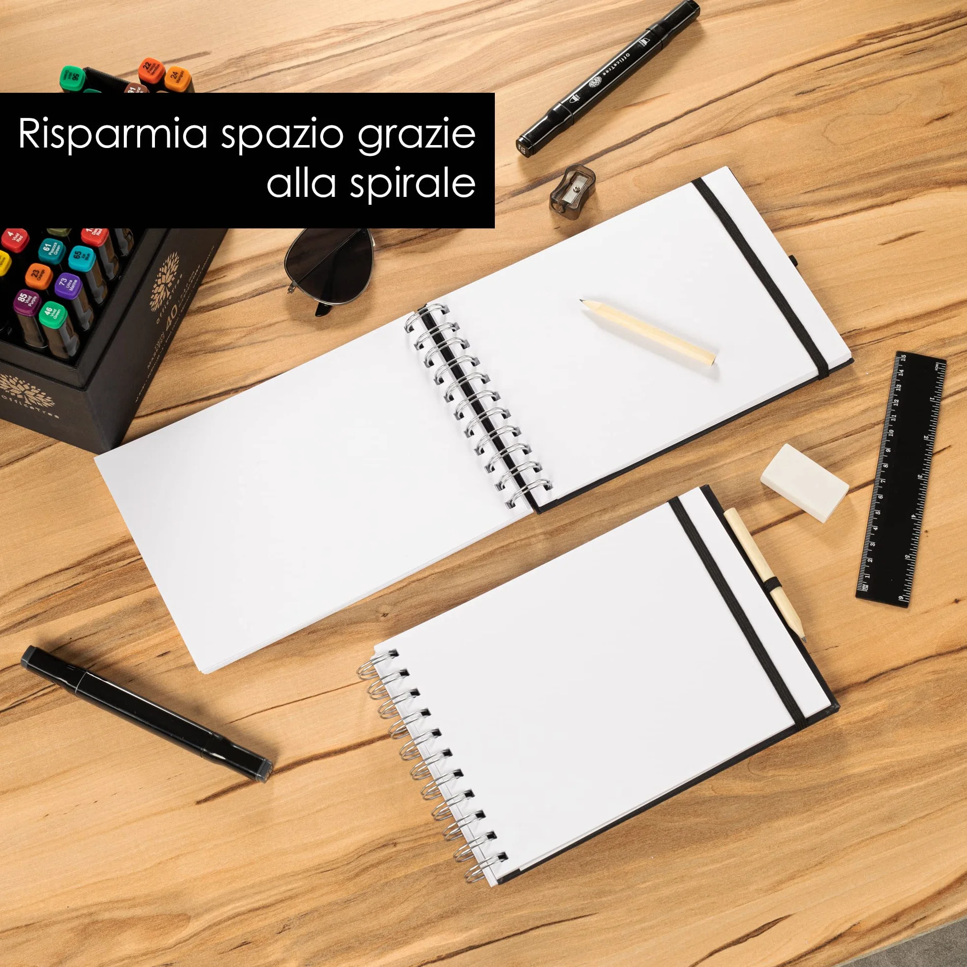 OfficeTree Taccuino per schizzi, formato A5, con rilegatura a spirale, formato orizzontale, 96 pagine, 48 fogli, formato A4, 200 g, carta bianca vergine, libretto di schizzi acquerello, matita inclusa