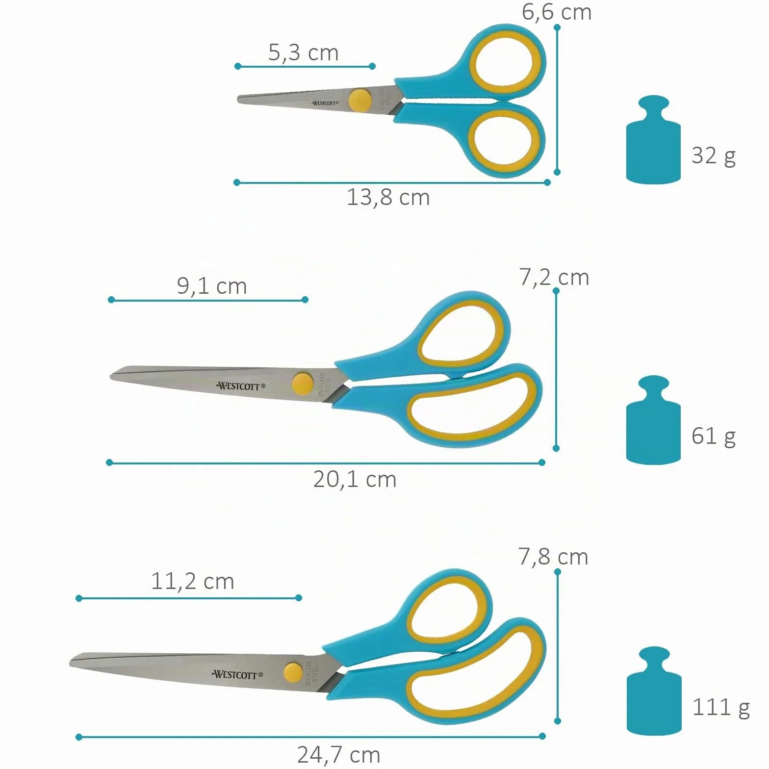 Westcott Easy Grip Scissors 3 pezzi Turchese | Set di 3 forbici universali con impugnatura confortevole | Lama in acciaio inox extra affilata e resistente | Forbici per casa e ufficio | N-90028 00