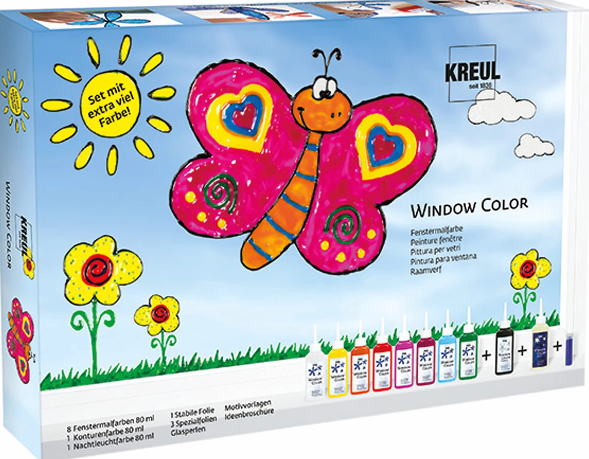 KREUL 42752, Window Color Set, 10 x 80 ml colori per finestre, include contorno nero e colore fosforescente, per bambini creativi, fogli, perline di vetro e modelli
