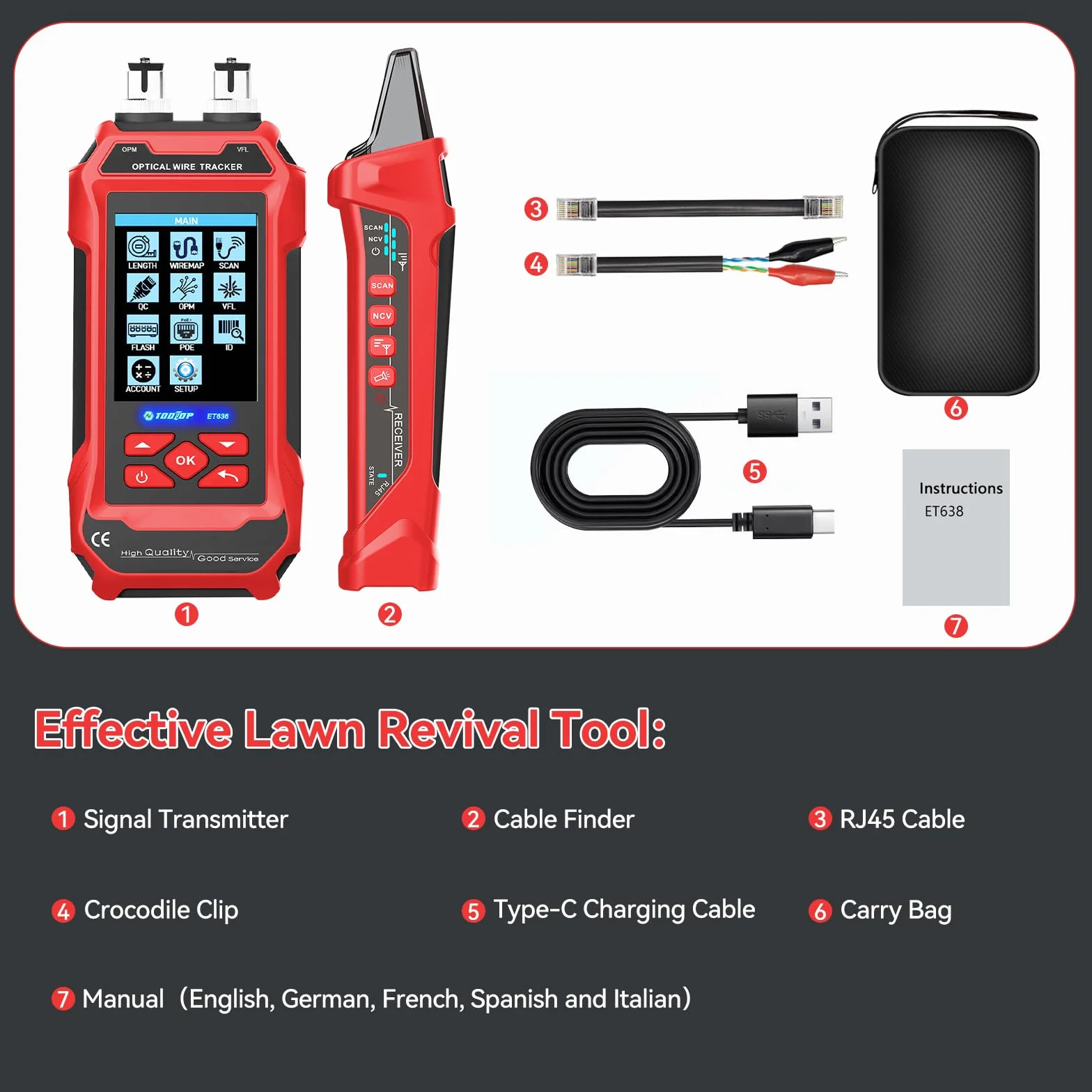 Tester per cavi di rete RJ45/RJ11/BNC – Misurazione lunghezza, rilevamento guasti, PING, PoE, tracciamento tono, display LCD multifunzione