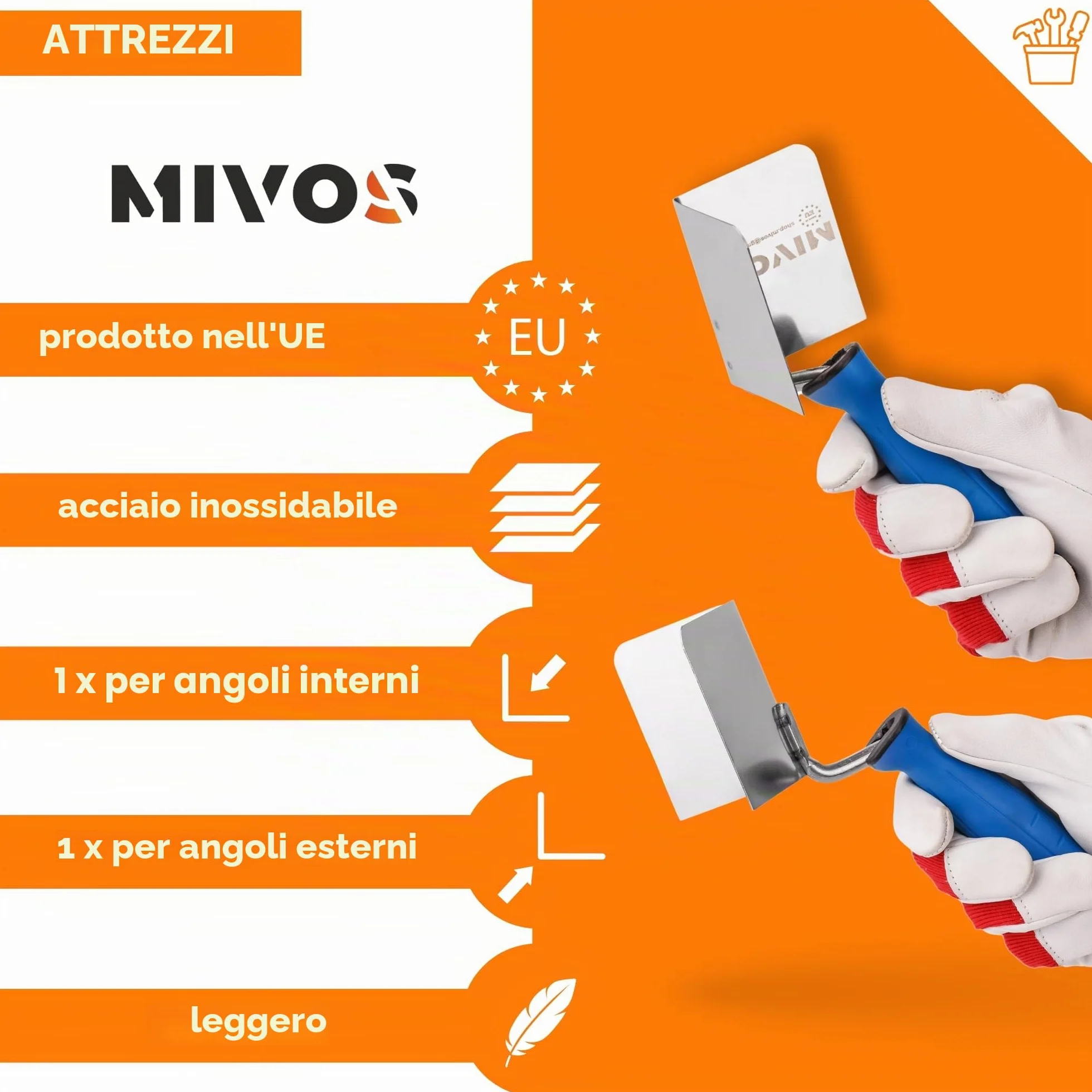Mivos 2x Cazzuola Angolare Antiruggine 80 x 60 mm - Cazzuola Angolare Interna ed Esterna in Acciaio Inox - Spatole Angolari per Bordi Interni ed Esterni con Impugnatura Morbida - Spatola Angolare