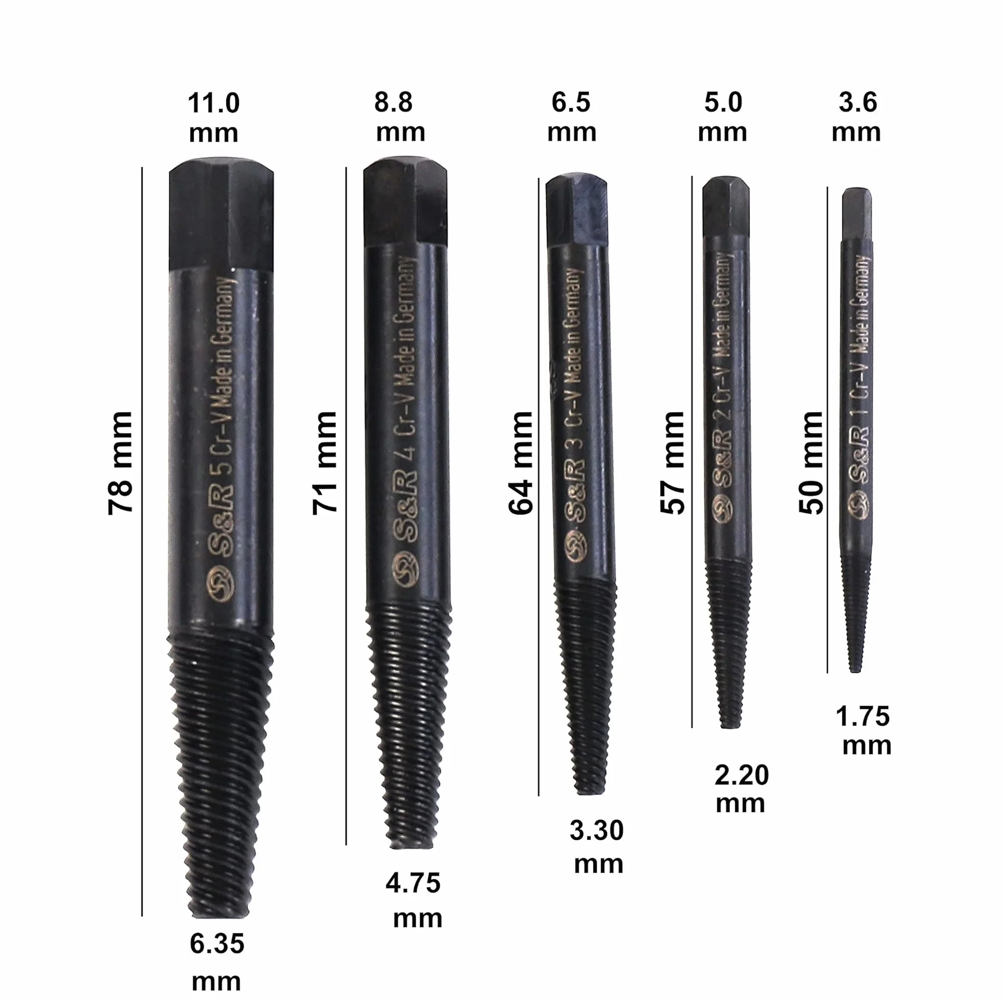 S&R Estrattore Viti Danneggiate Rotazione a SINISTRA Set 5 pz MADE IN GERMANY Per Viti e Bulloni da 3 a 18 mm