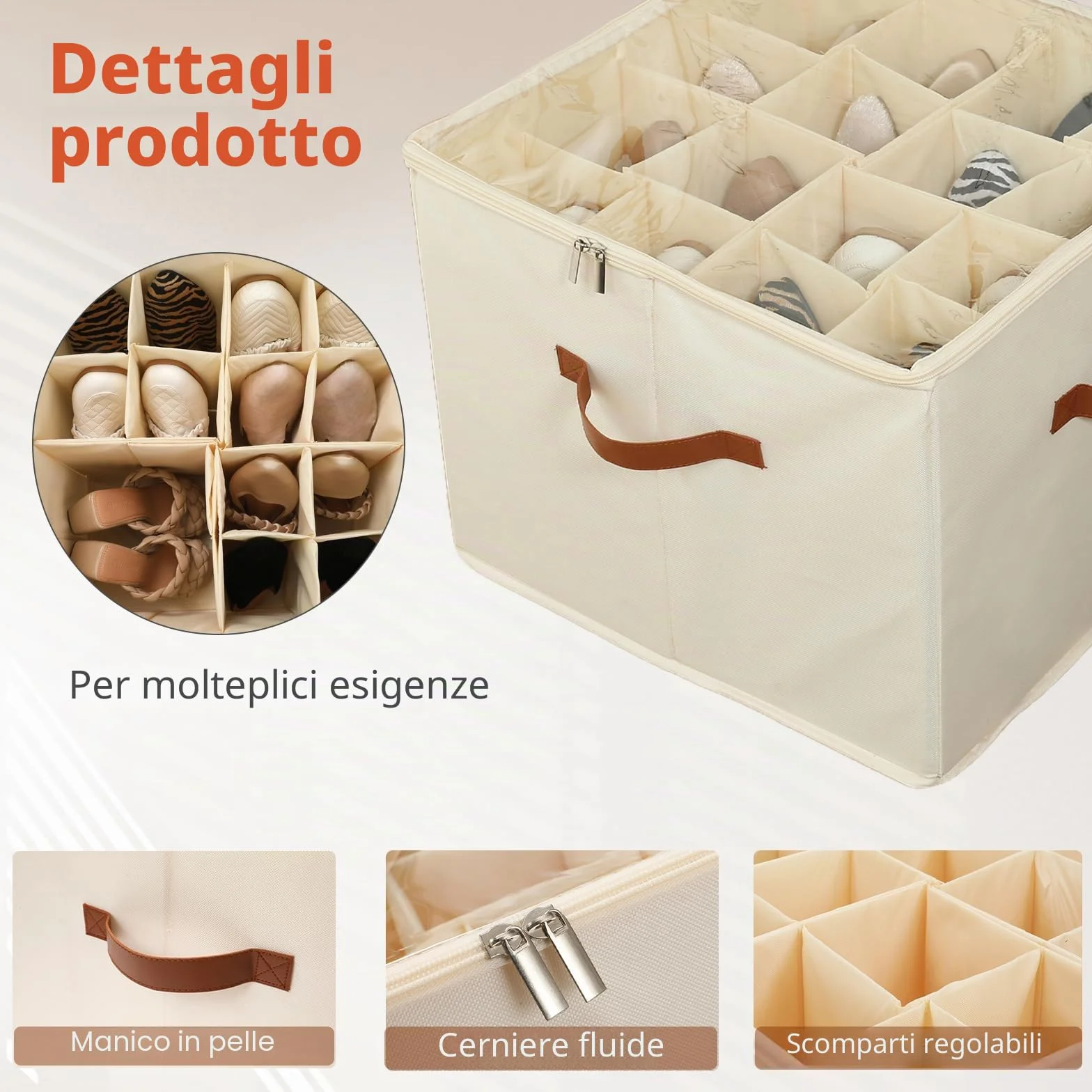 Organizer per Scarpe per 16 Paia, Grande Scatola per Scarpe Contenitore con Scomparti Regolabili, Pieghevole Risparmio Spazio Scatole per Scarpe (Beige)