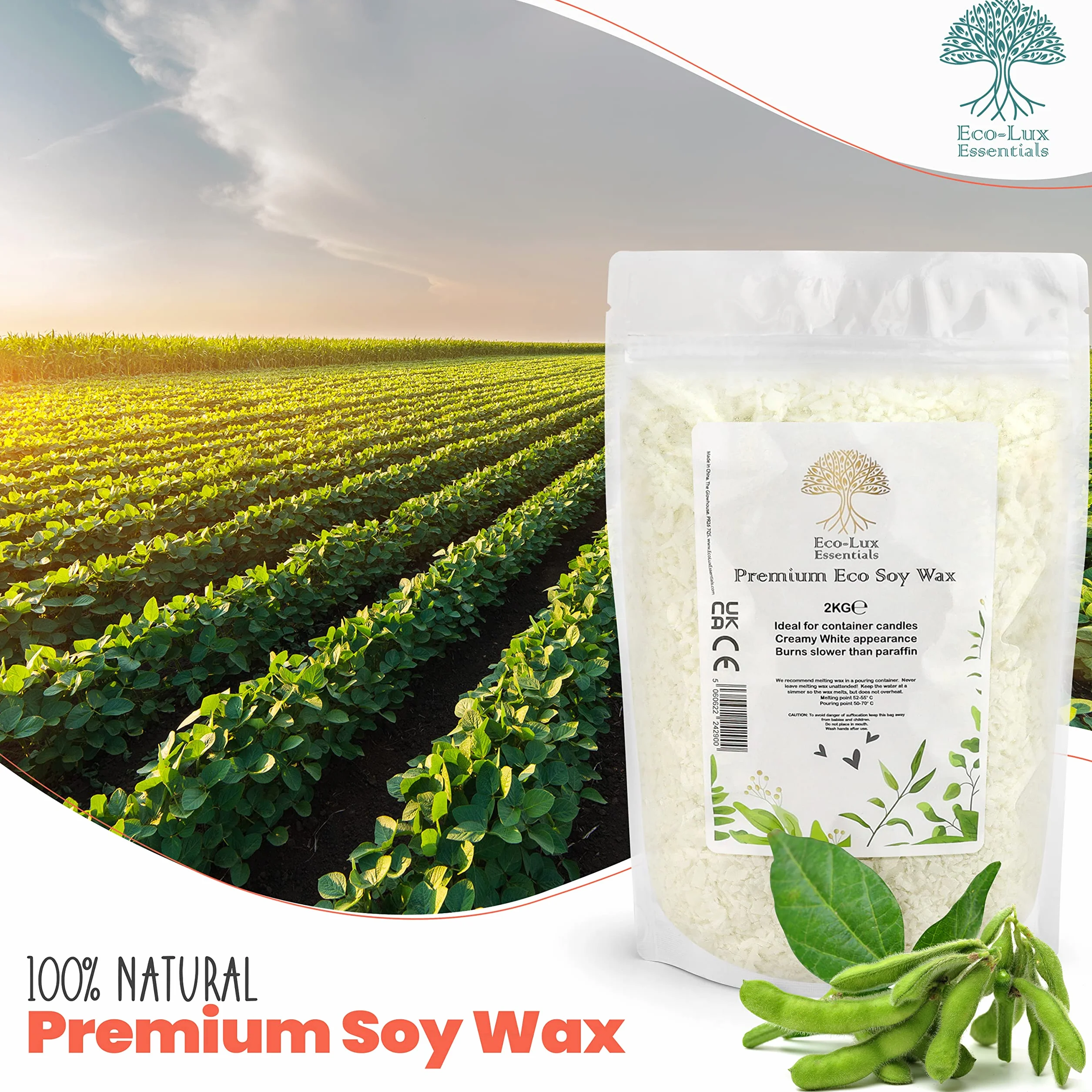 Eco-Lux Essentials - Cera di soia ecologica di alta qualità, 2 kg, bianca, vegana, prodotta senza crudeltà, 100% cera di soia naturale (2 kg)