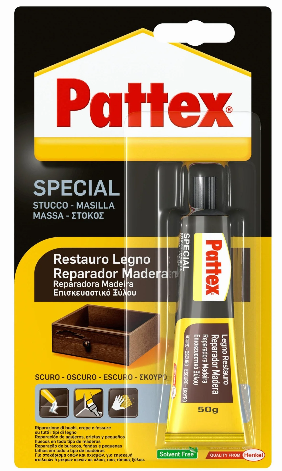 Pattex Special Restauro Legno Scuro, Stucco Adesivo Forte ed Elastico, Per stuccatura di Fori o Ricostruzione di Parti mancanti di Legno, Carteggiabile, Verniciabile, Lucidabile, 50 g