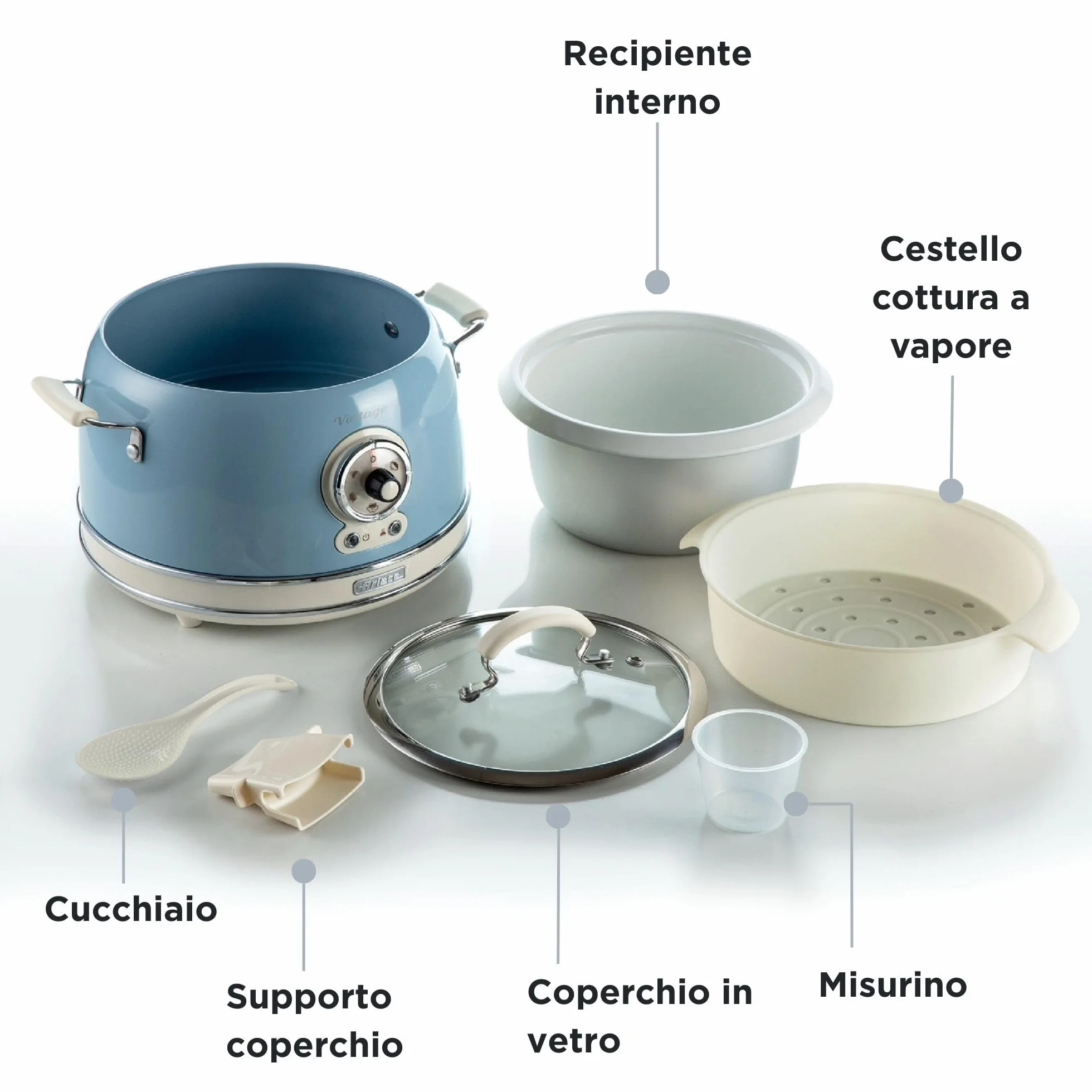 Ariete 2904 Rice Cooker + Slow Cooker - Cuociriso Elettrico con bowl in ceramica - Sushi fatto in casa - Multicooker - Linea Vintage - 3,5 L - 700 W - Celeste